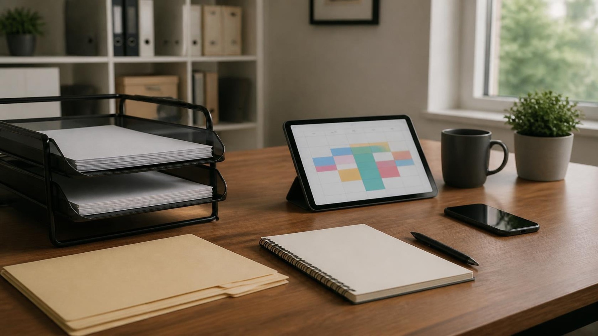 Escritorio vacío de un despacho contable a la luz suave del día, con una bandeja de alambre negro con pilas de papel en blanco, folders manila, una tableta que muestra una cuadrícula de calendario por bloques de color, cuaderno espiral, bolígrafo, teléfono boca arriba con pantalla en blanco, taza de café y una planta pequeña; anaqueles y ventana al fondo, sin personas