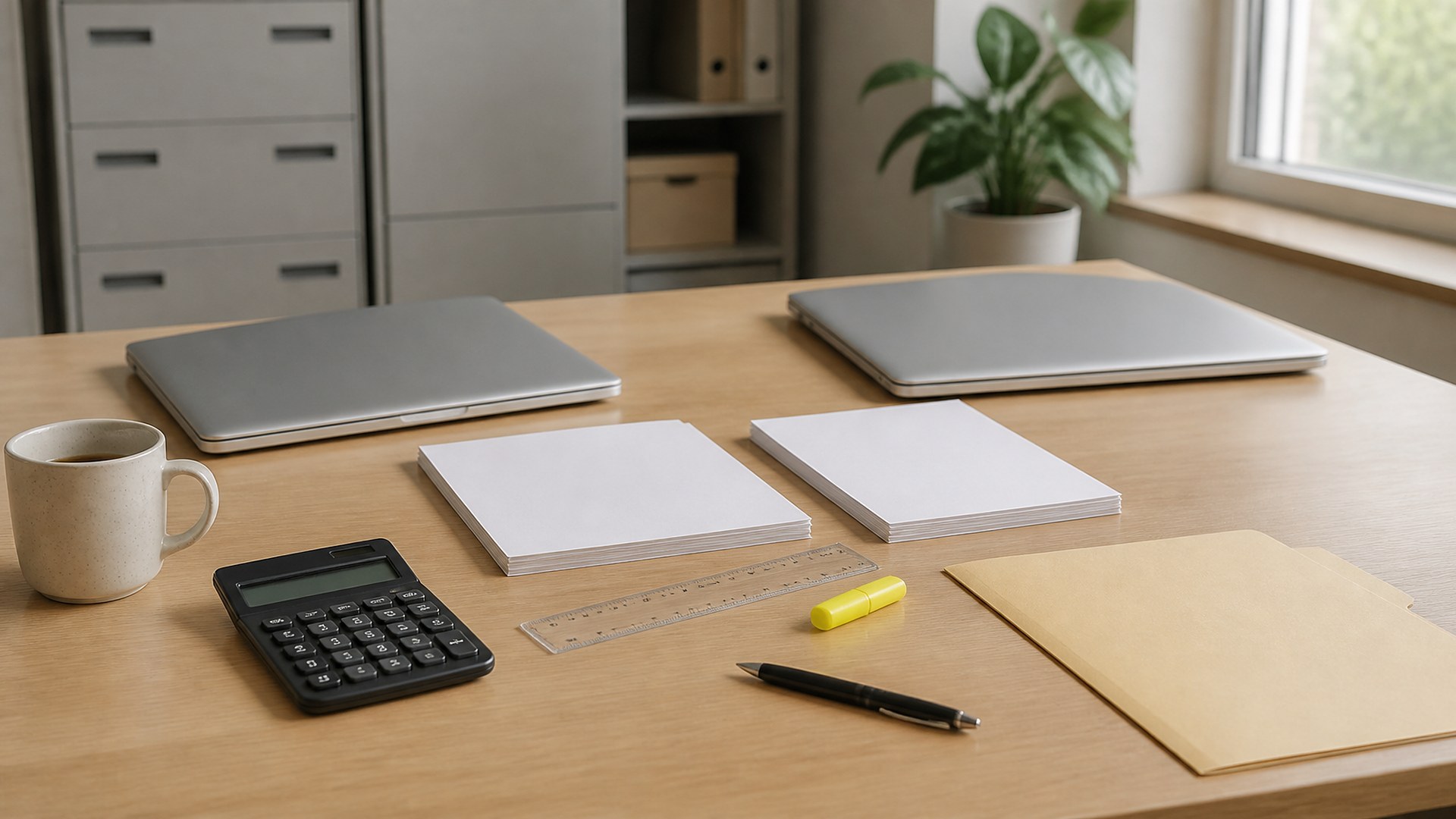 Small accounting office desk in soft afternoon daylight: two closed silver laptops side by side with no logos, two neat stacks of blank white paper between them, a clear plastic ruler, a yellow highlighter, a black desktop calculator with a blank display, a black pen, an unlabeled manila folder, and a ceramic coffee mug on a light oak desk; blurred background with plain gray filing cabinets, a shelf with storage boxes, and a potted plant by a window; no people, no logos, no readable text