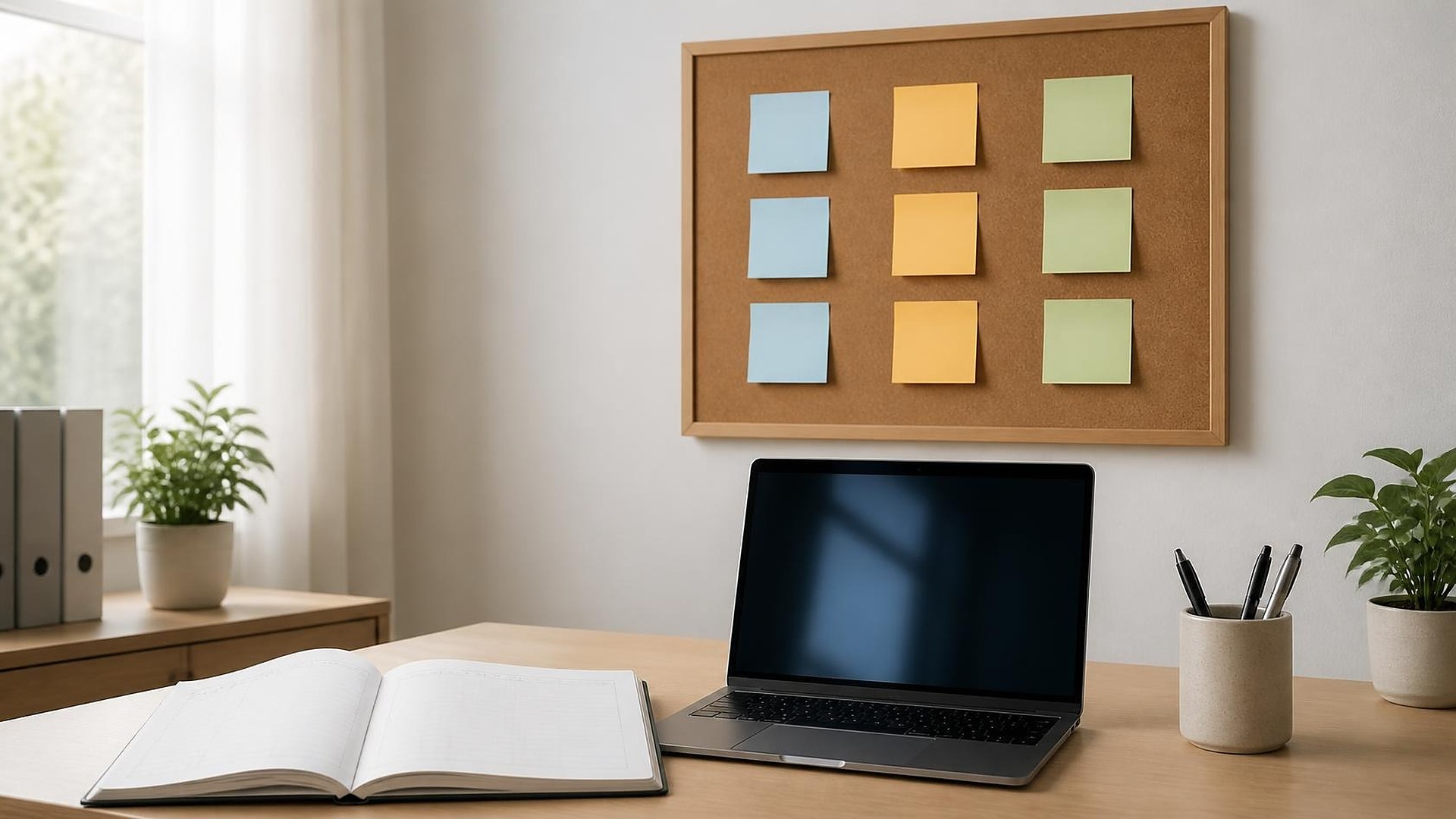 Sala de trabajo de contabilidad vacía con luz suave de mañana: tablero de corcho en la pared con notas adhesivas en blanco azul, ámbar y verde salvia en tres columnas sin etiquetas, escritorio de madera clara con libro mayor abierto en blanco, laptop cerrada con solo un brillo azul suave, portalápices de cerámica y planta pequeña; sin personas, sin logos, sin texto legible