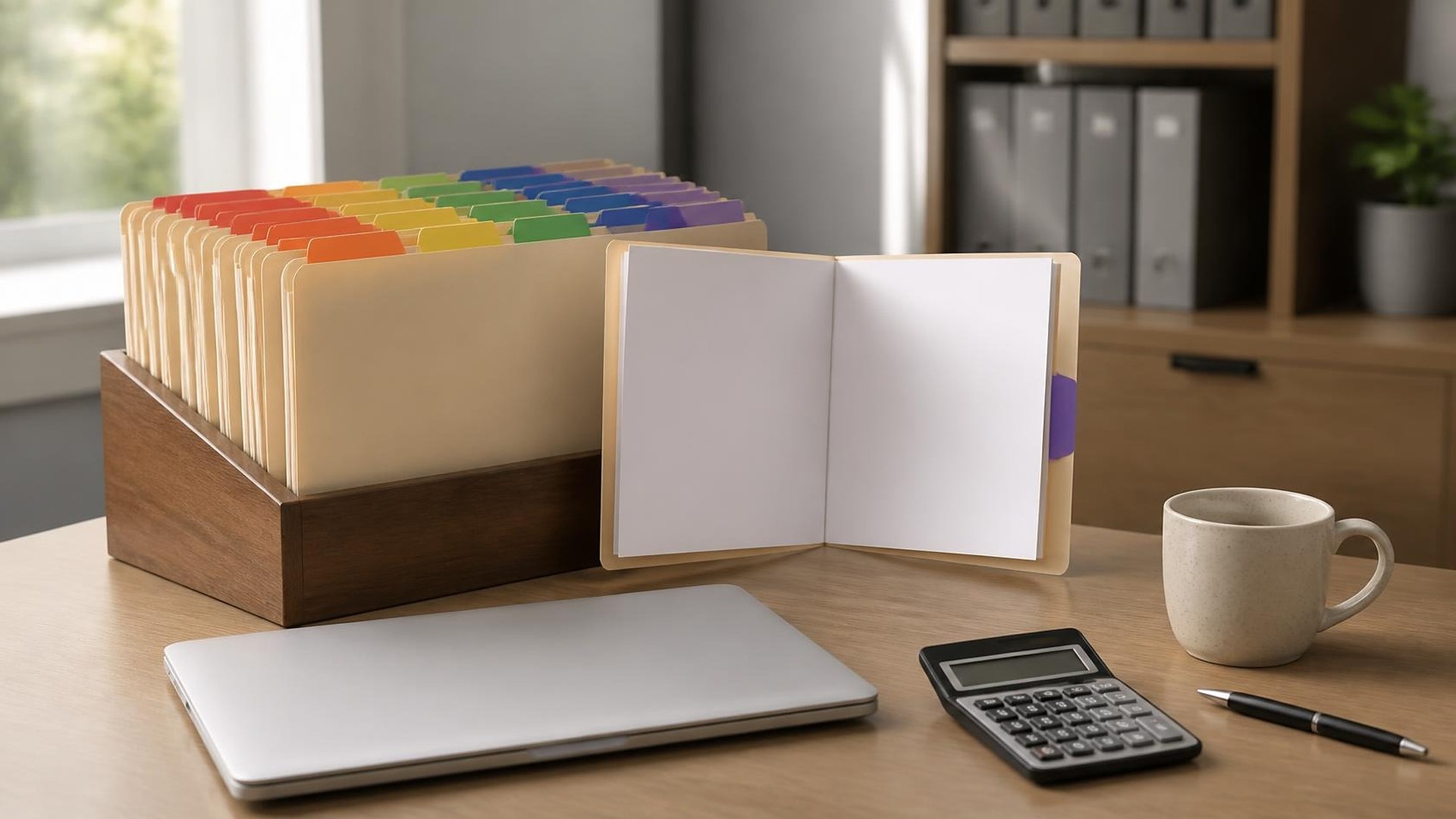 Tidy accounting office desk in soft window light: a wooden desktop organizer holding a long row of plain manila file folders with blank color-coded tabs, one folder standing open with blank white pages, a closed silver laptop, a black desk calculator with a blank display, a black pen, and a speckled ceramic mug; gray binders with blank spines and a small potted plant on blurred shelves behind; no people, no logos, no readable text