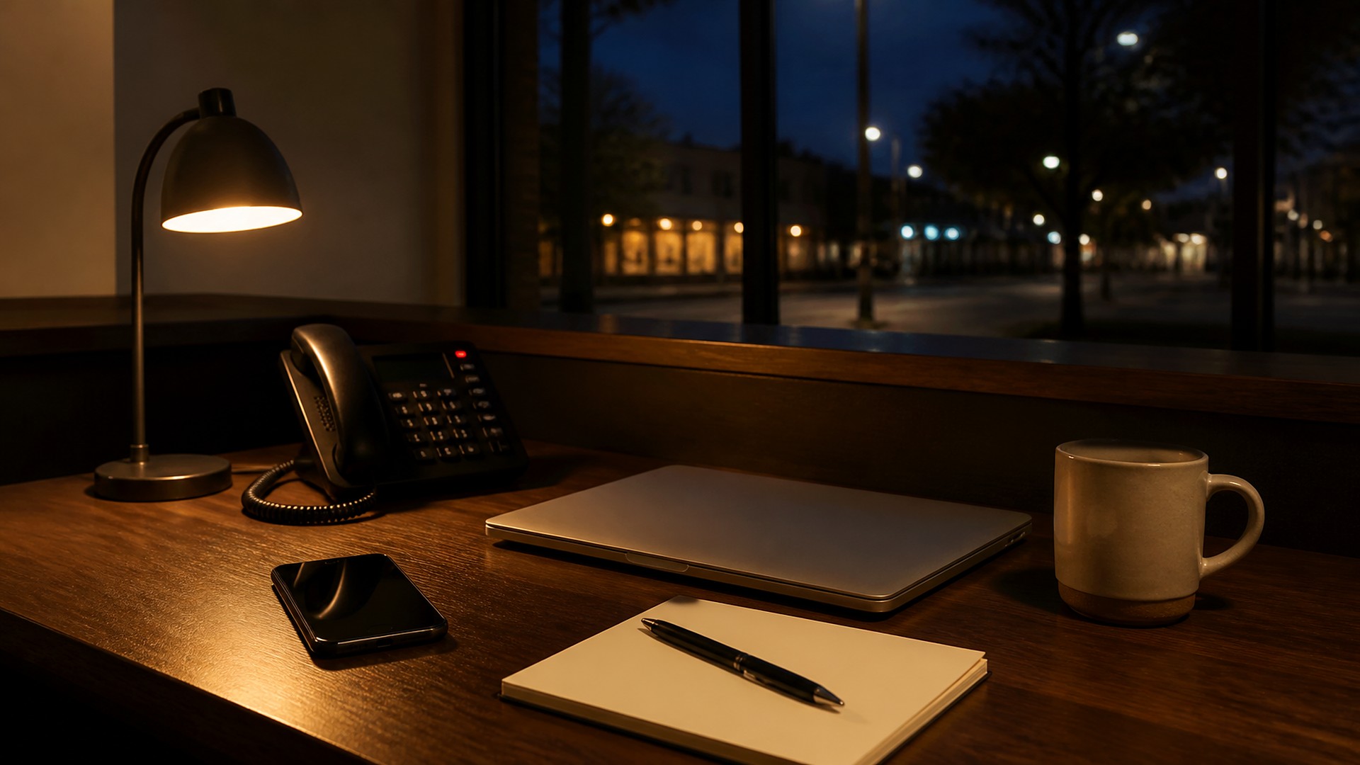 Recepción de una pequeña oficina de noche, iluminada por una sola lámpara de escritorio de luz cálida: un teléfono de escritorio negro con una pequeña luz roja encendida, un celular boca arriba con la pantalla apagada, una laptop plateada cerrada sin logo, una libreta en blanco con una pluma negra y una taza de cerámica sobre un escritorio de madera oscura; por la ventana grande del fondo, una calle tranquila de noche con faroles y luces de locales desenfocados; sin personas, sin logos, sin texto legible