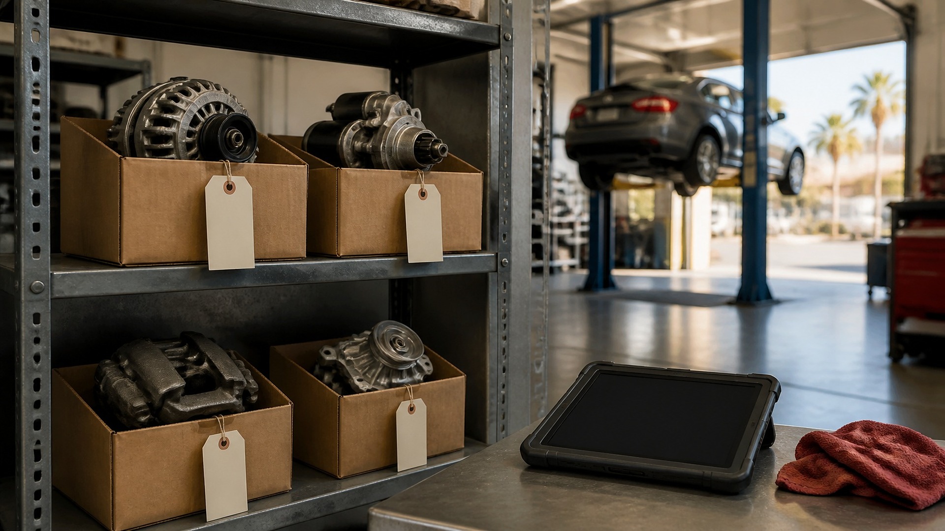 Auto repair shop parts return area: a gray metal shelving unit holding a used alternator, a starter motor, a brake caliper and a water pump in plain brown cardboard boxes with blank white paper tags; a rugged tablet with a dark screen and a red shop rag on a steel workbench; in the soft background, a car on a lift in a bright service bay with an open door and palm trees outside; no people, no logos, no readable text