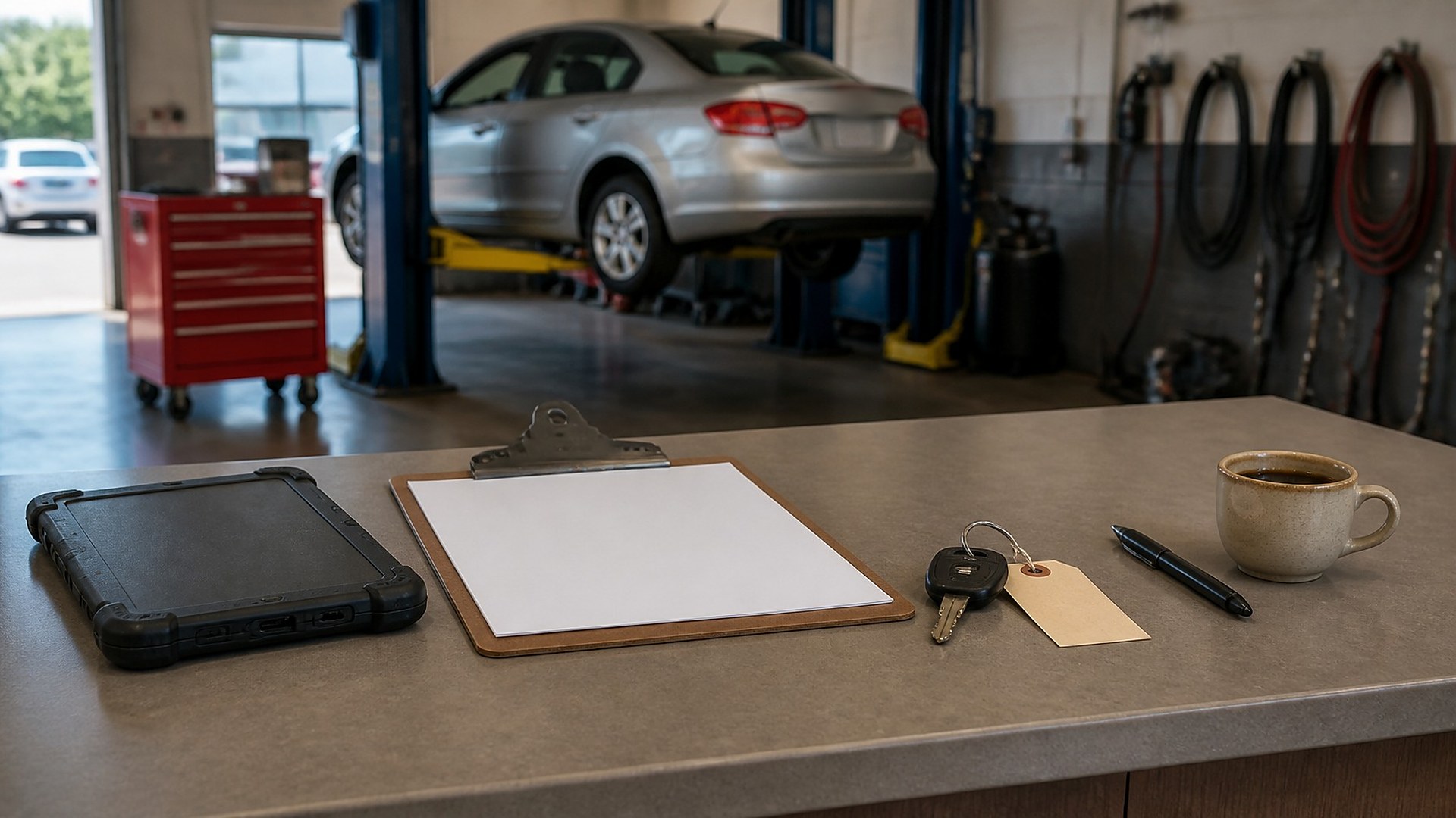 Auto repair shop service counter in warm daylight: a gray stone counter holding a rugged black tablet lying face down, a brown clipboard with a blank white sheet, a car key on a ring with a blank manila tag, a black pen, and a ceramic mug of coffee; behind it, softly out of focus, a silver sedan raised on a blue two-post lift, a red rolling tool chest, coiled air hoses on the wall, and an open bay door; no people, no logos, no readable text