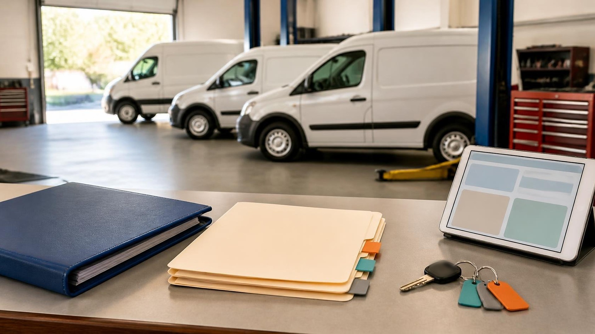 Taller mecánico independiente y luminoso visto desde el mostrador de servicio: tres camionetas de trabajo blancas idénticas y sin marca estacionadas lado a lado en bahías abiertas, con postes azules de elevador y cajas rojas de herramientas al fondo y una cortina enrollable con luz de día; en primer plano, sobre un mostrador gris, una carpeta azul oscuro cerrada, una pila de folders manila lisos con pestañas en blanco naranja, verde azulado y gris, una tableta en soporte que solo muestra bloques abstractos de color suave y llaves de vehículo con etiquetas plásticas de color en blanco; sin personas, sin logos, sin placas, sin texto legible