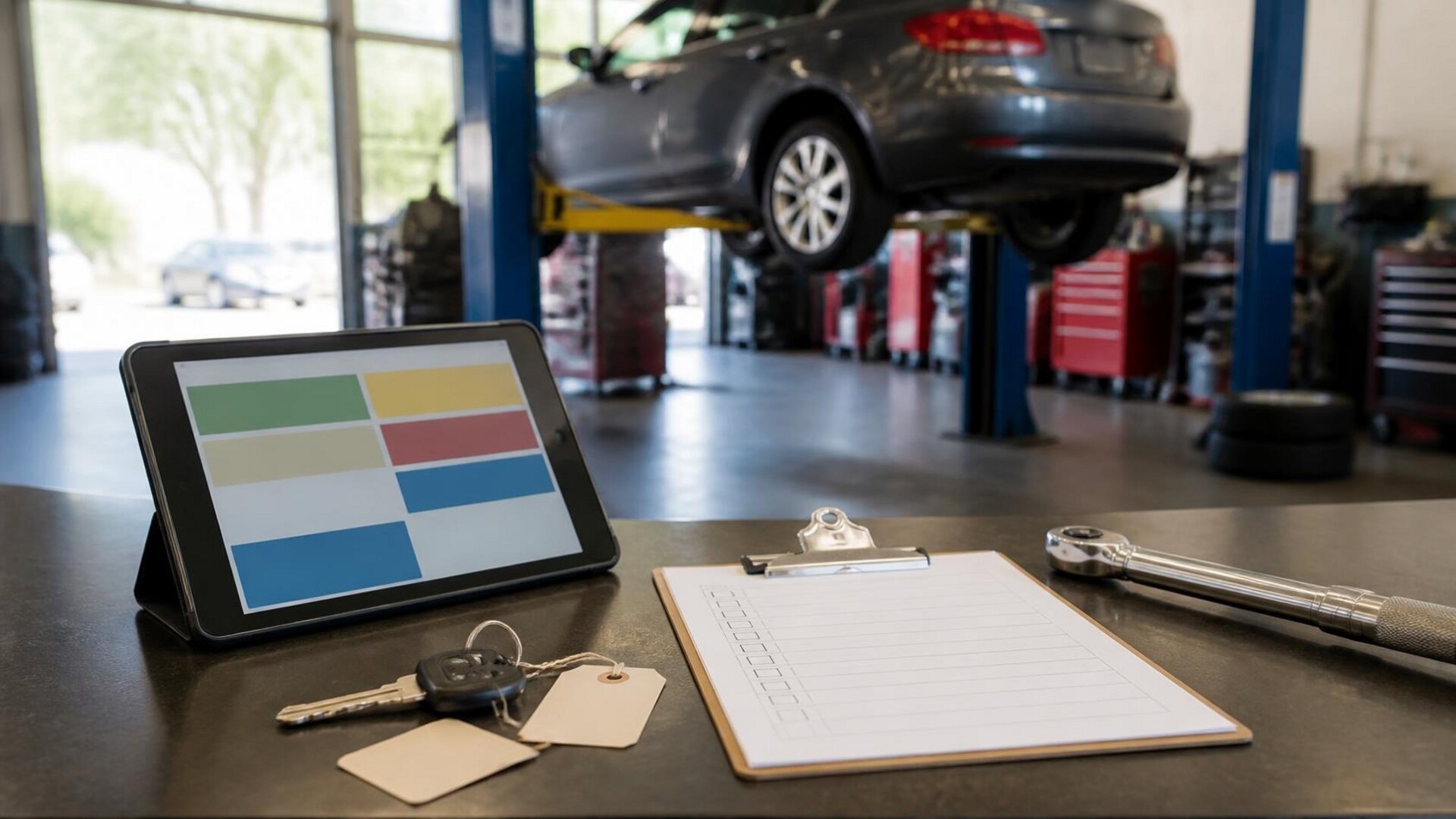 Independent auto repair shop service counter in morning light with a tablet showing a color-blocked vehicle status board, car keys with blank paper tags, a clipboard with a blank inspection checklist, and a torque wrench; a sedan raised on a lift and red tool chests in soft focus behind; no people, no readable text