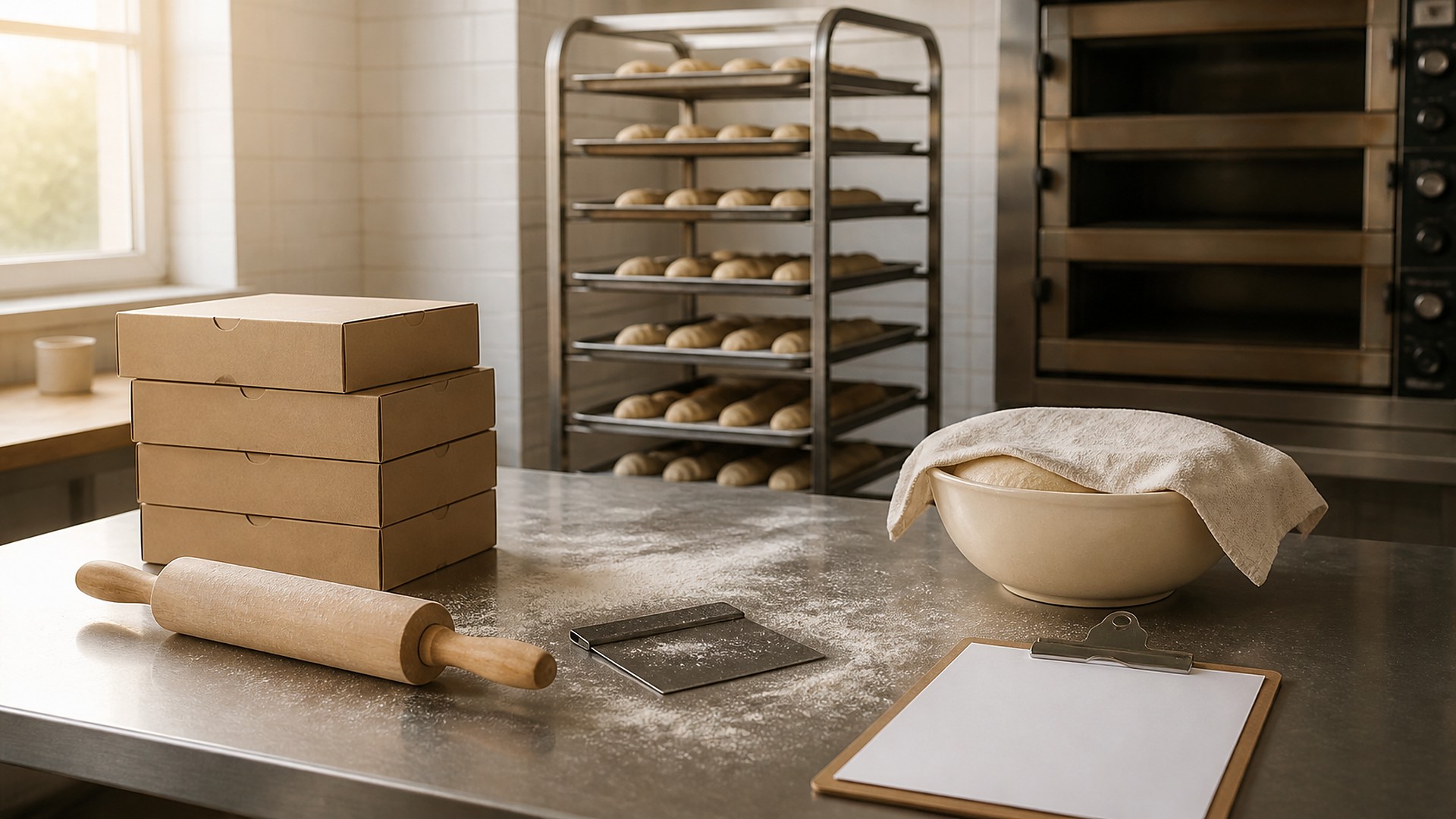 Early-morning bakery production room in soft window light: a floured stainless steel worktable holding a wooden rolling pin, a metal bench scraper, a stack of plain kraft pastry boxes, a ceramic bowl of dough under a linen cloth, and a clipboard with a blank white sheet; behind it, a tall sheet-pan rack of shaped rolls, a stainless deck oven, and white tile walls; no people, no logos, no readable text