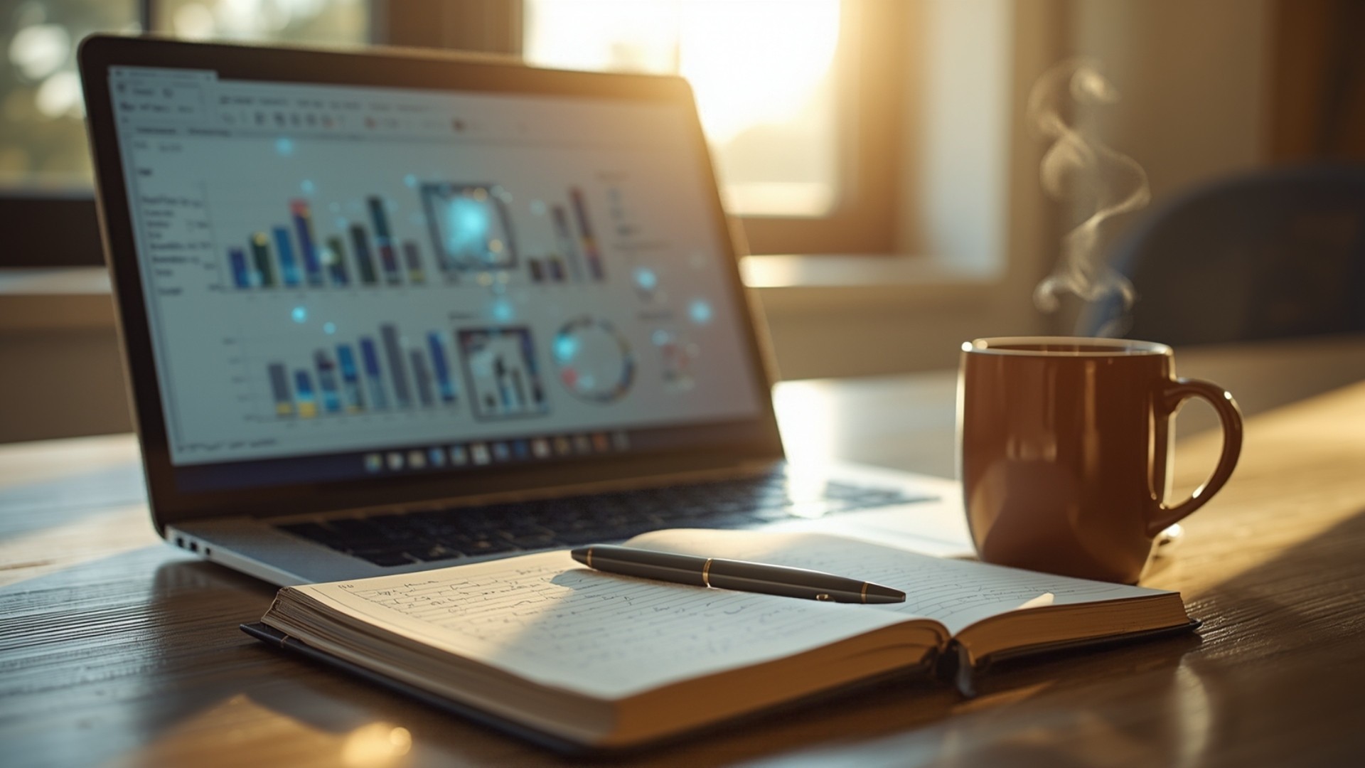 Sunlit business desk with open notebook, pen, coffee mug, and laptop showing abstract charts suggesting AI cost planning