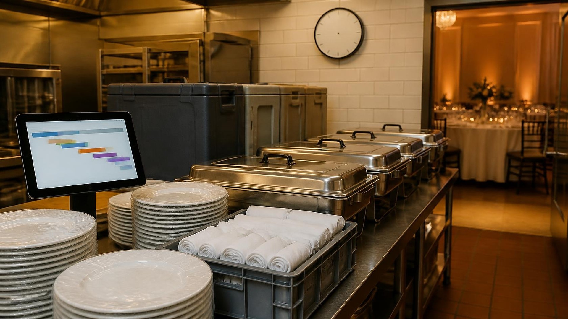 Área de montaje de una cocina comercial de banquetes antes de un evento nocturno: una mesa larga de acero inoxidable con chafers tapados, pilas de platos blancos y una caja gris con servilletas blancas enrolladas; detrás, contenedores térmicos oscuros en un estante; un reloj de pared sin números sobre azulejo blanco; una tableta en un soporte que solo muestra barras horizontales de colores como un cronograma; por una puerta, un salón de eventos con luz cálida, mesas redondas con manteles blancos y centros de mesa florales; sin personas, sin logos, sin texto legible