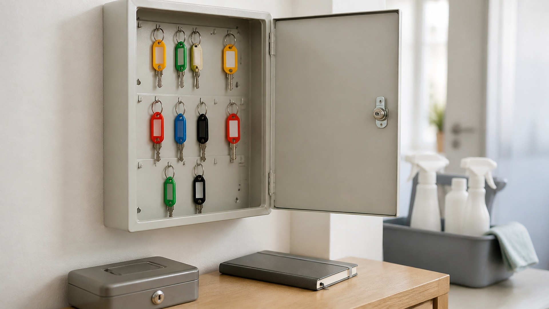 Open light gray wall-mounted key cabinet with house keys on colored plastic tags (all tags blank) hanging on hooks; below it on a wooden table, a closed gray metal cash box and a closed dark notebook with an elastic band; a cleaning caddy with plain unlabeled spray bottles and a folded cloth sits softly blurred to the right; no people, no logos, no readable text