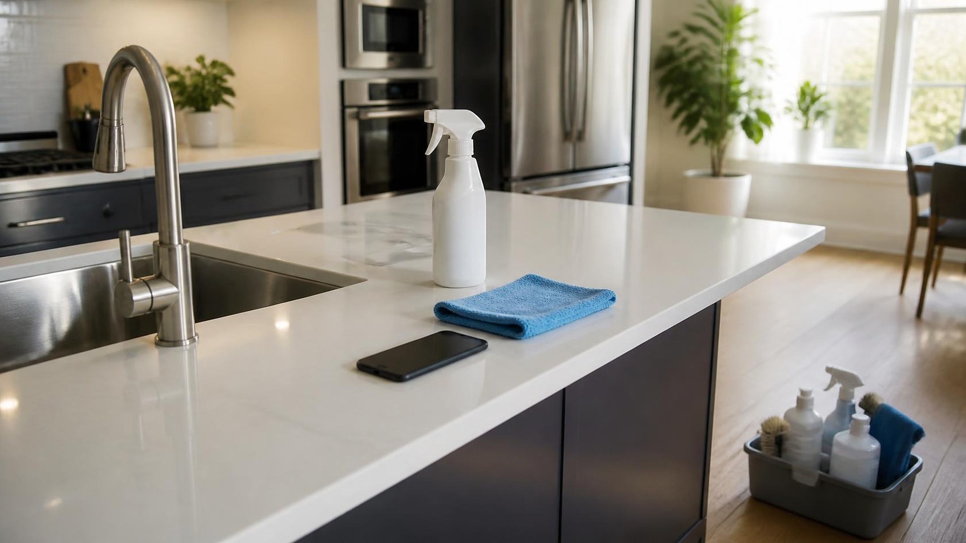 Cocina moderna y luminosa después de una visita de limpieza: una isla de cuarzo blanco reluciente con tarja y llave de acero inoxidable, un atomizador blanco sin etiqueta, un paño de microfibra azul doblado y un teléfono boca abajo; una canastilla gris con frascos de limpieza sin etiquetas y cepillos sobre el piso de madera; electrodomésticos de acero, plantas en macetas y una ventana soleada desenfocados al fondo; sin personas, sin logos, sin texto legible