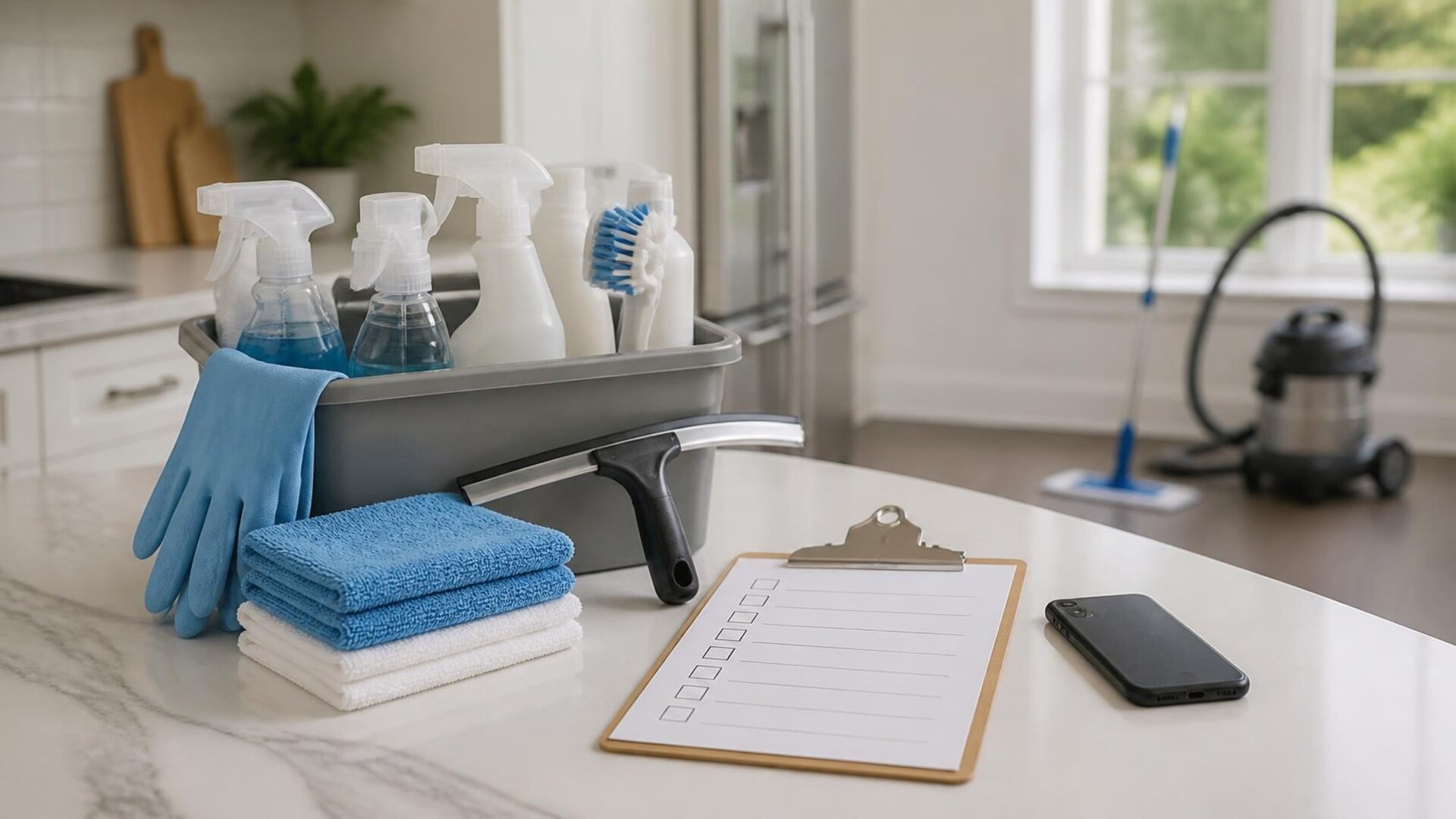 Bright residential kitchen with a marble countertop holding a gray cleaning caddy of unlabeled spray bottles and a scrub brush, folded blue and white microfiber cloths, blue rubber gloves, a squeegee, a clipboard with a blank checklist, and a smartphone lying face down; a canister vacuum and flat mop stand by a window in soft focus behind; no people, no readable text