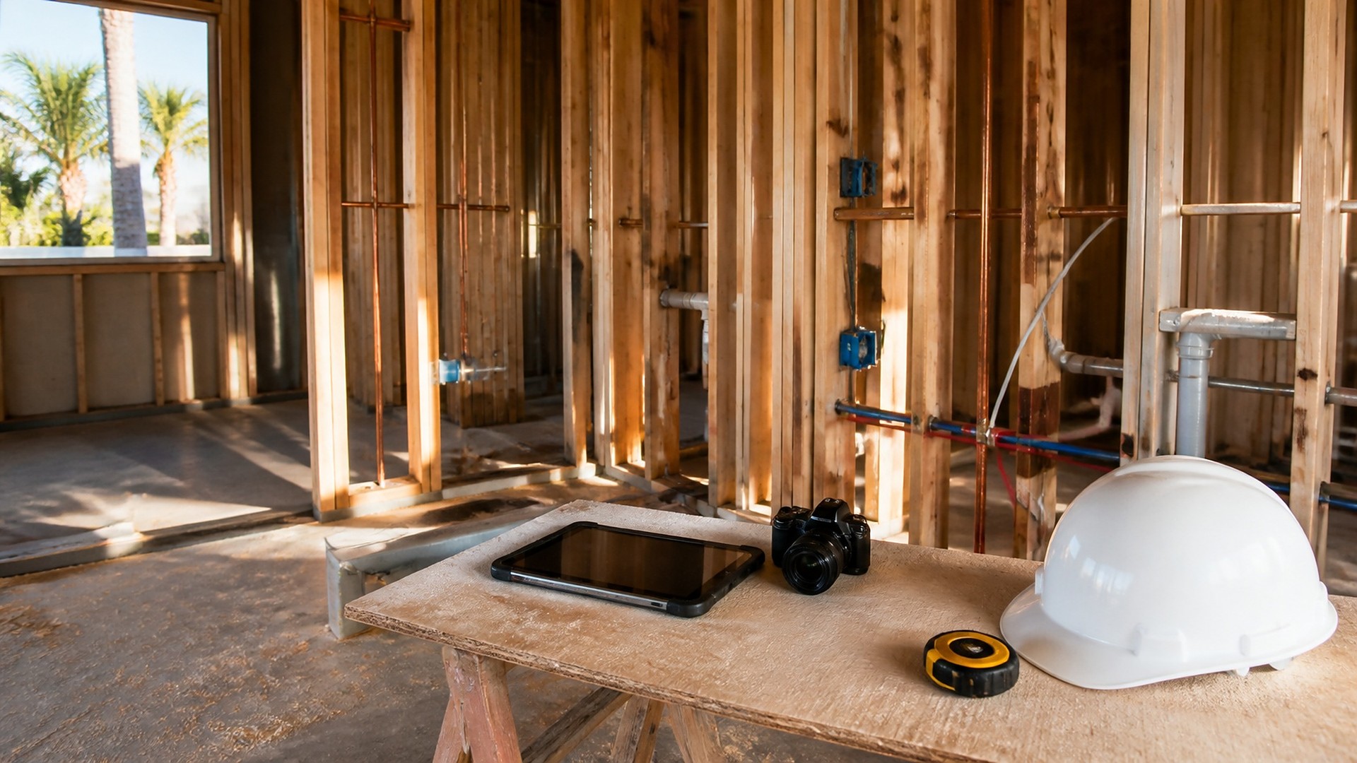 Open interior stud framing with copper and PEX water lines, a gray drain pipe, blue electrical boxes and red and blue tubing; in front, a plywood table on sawhorses holds a rugged tablet with a dark screen, a black camera, a black and yellow tape measure and a white hard hat; sawdust on the concrete floor and a window with palm trees in warm light; no people, no logos, no readable text