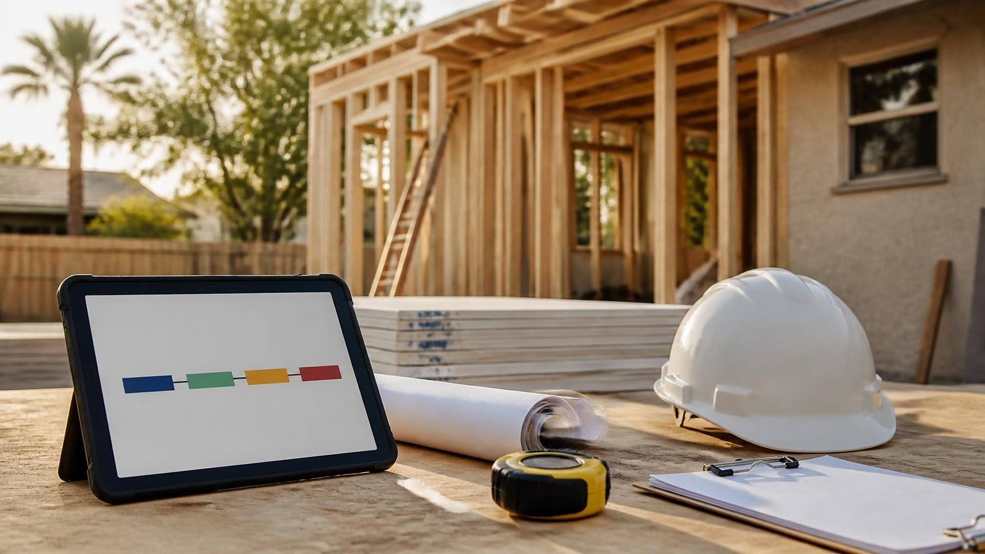 Obra de remodelación residencial en el sur de Texas con luz de sol: en primer plano, una mesa de trabajo de triplay con una tableta resistente que muestra una fila abstracta de cuatro bloques de colores sobre una línea, planos en blanco enrollados, una cinta métrica amarilla, un casco blanco y una tabla con sujetapapeles y hojas en blanco; al fondo, una ampliación con estructura de madera, una escalera y una pila de placas de tablaroca junto a una casa de estuco, con una palmera y una cerca borrosas; sin personas, sin logos, sin texto legible