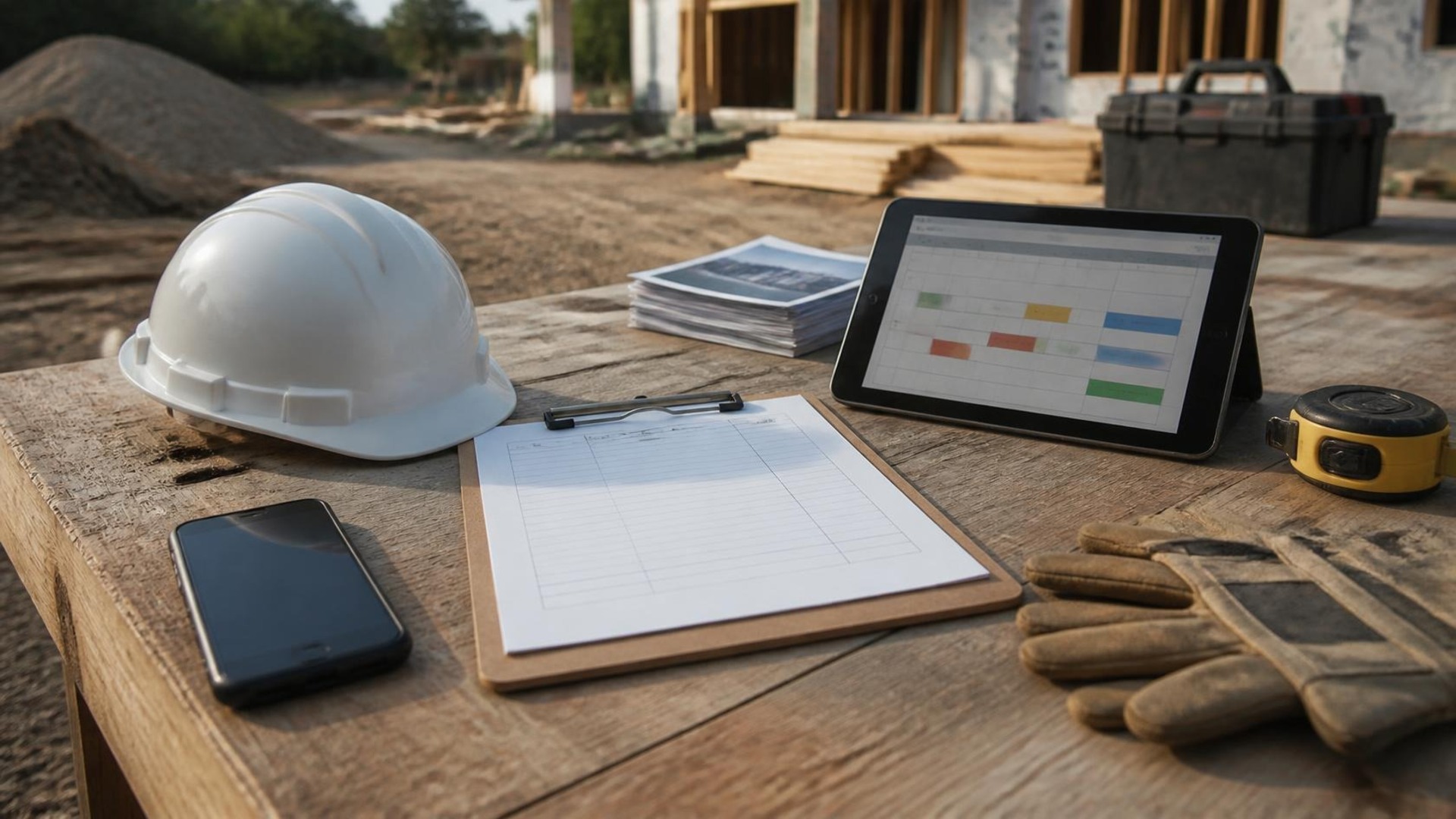 Escritorio vacío de preparación de un contratista al aire libre con luz suave de la mañana, con un casco, un formulario de cotización en portapapeles, un teléfono boca abajo, una tableta que muestra un calendario de trabajos por bloques de color, fotos impresas del sitio boca abajo, una cinta métrica y guantes de trabajo; sin personas