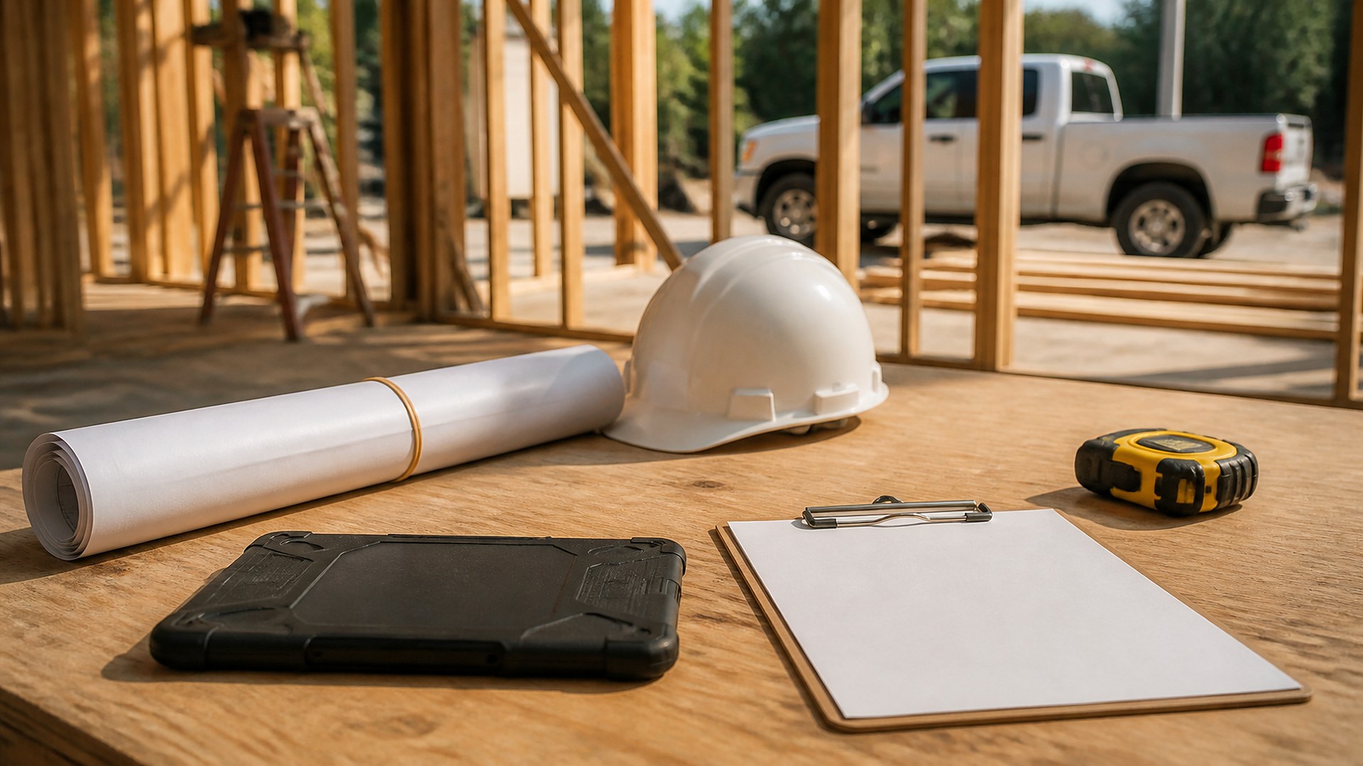 Obra residencial con sol cálido de media mañana: una mesa de trabajo de triplay dentro de una casa con estructura de madera abierta, con planos blancos enrollados sujetos con una liga, un casco blanco, una cinta métrica amarilla con negro, una tableta resistente boca abajo y una tabla con clip y una hoja en blanco; postes de madera expuestos, una escalera de tijera de madera, árboles y una camioneta pickup blanca estacionada desenfocados al fondo; sin personas, sin logos, sin texto legible