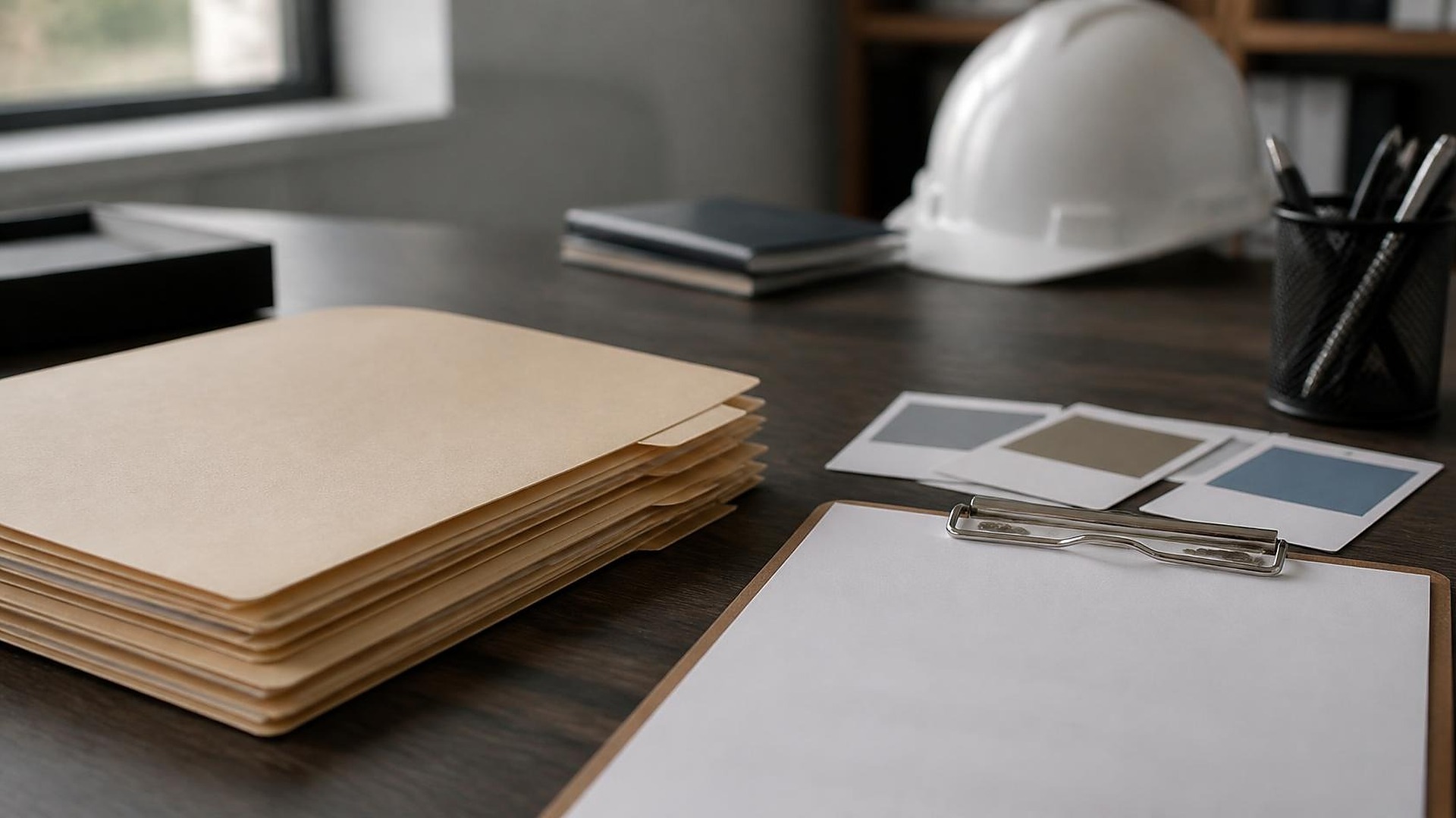 Escritorio tranquilo de oficina de contratista con luz suave de ventana: pila de carpetas manila en blanco, portapapeles con papel en blanco, tarjetas abstractas de lista de verificación como bloques de color sin texto legible, y un casco blanco liso sin marcas desenfocado al fondo; sin personas, sin logos, sin texto legible