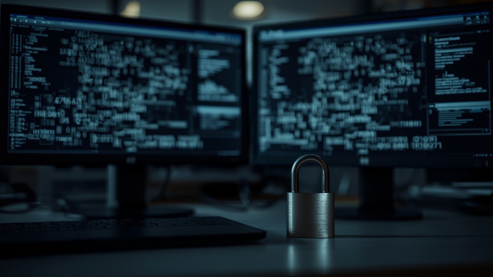 Silver padlock in sharp focus on a desk in front of dual monitors showing illegible security dashboards in cool blue light