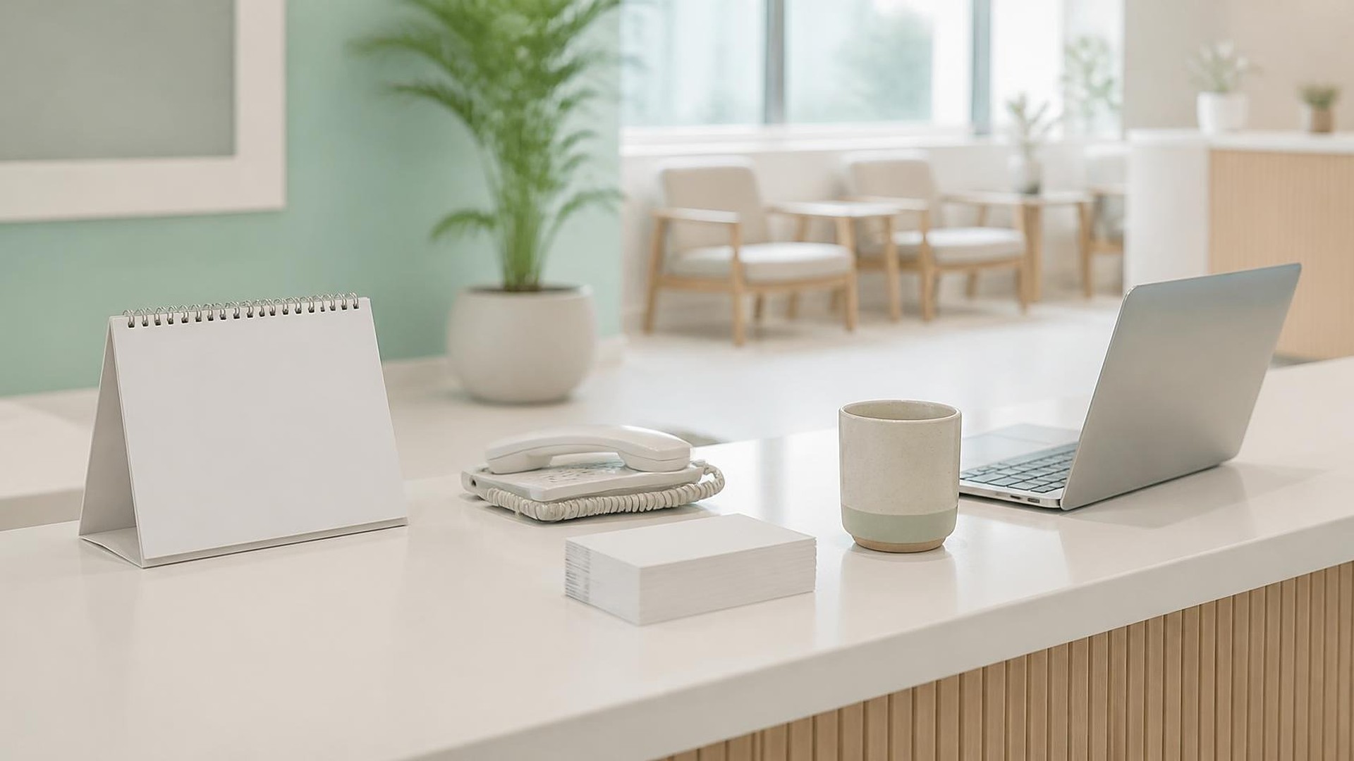 Calm dental-office front desk in soft morning light: a blank spiral desk calendar, a white desk telephone, a small stack of blank reminder cards, a mint-and-cream ceramic cup, and a laptop angled away; mint wall, potted palm, and light-wood waiting chairs softly blurred behind; no people, no logos, no readable text