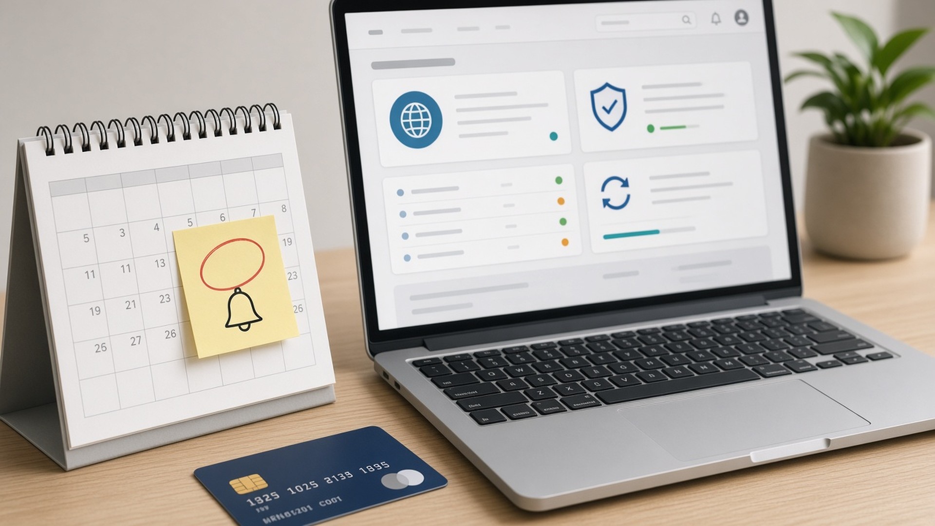 Desk with laptop domain dashboard, calendar reminder sticky note, and payment card — domain renewal operations scene