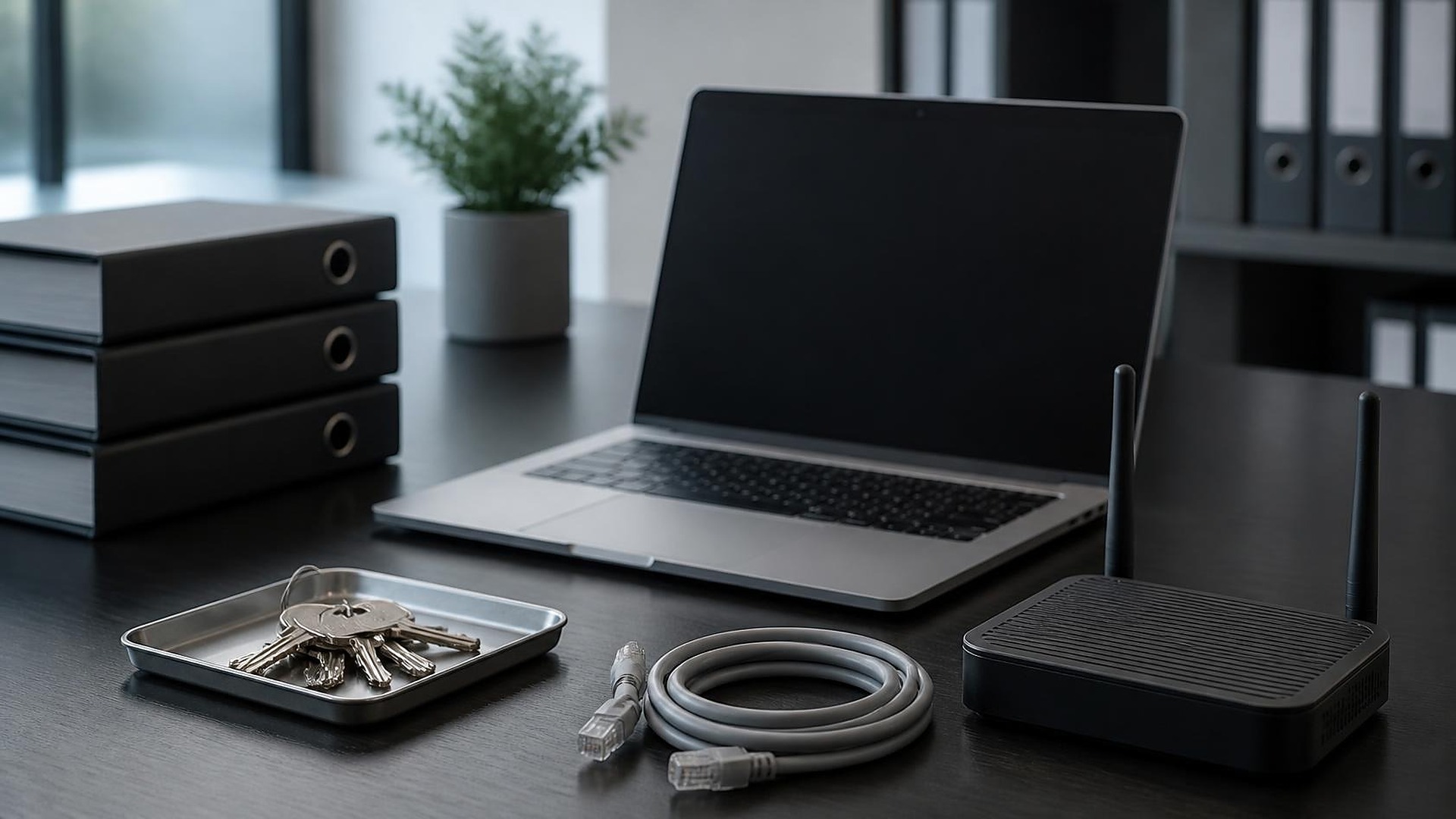 Dark matte office desk in soft neutral light: a slim open laptop with a fully black blank screen, a black unlabeled router with two antennas and a coiled ethernet cable, a silver tray holding plain metal keys, a stack of thick unlabeled dark binders, and a small succulent in a gray pot; no people, no logos, no readable text