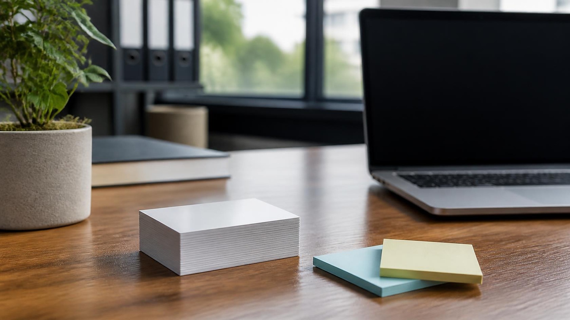 Escritorio de oficina de madera con luz suave de ventana: una pila ordenada de tarjetas de contacto blancas en blanco, bloques de notas adhesivas azules y amarillas en blanco superpuestos, una laptop delgada abierta con la pantalla negra en blanco, una pequeña planta verde en maceta gris y carpetas oscuras sin etiquetas desenfocadas al fondo; sin personas, sin logos, sin texto legible
