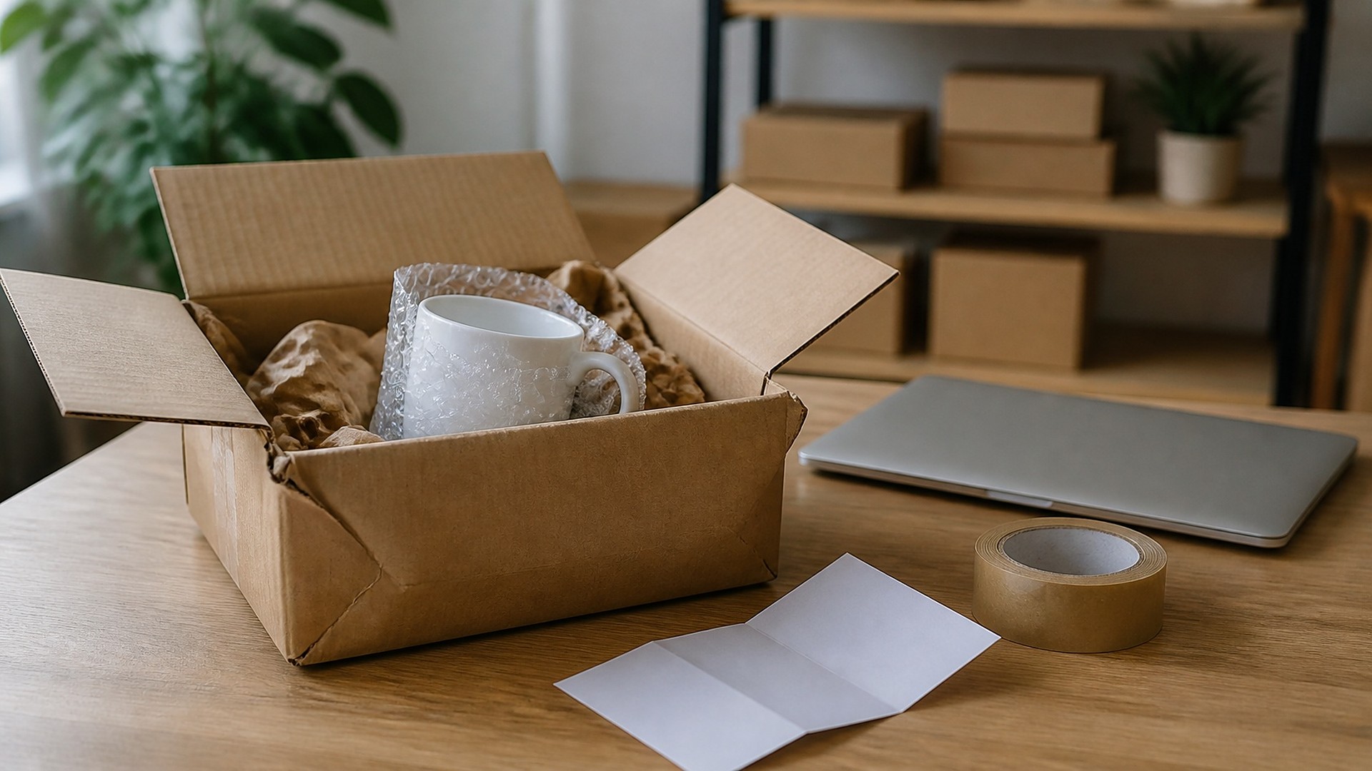Opened kraft shipping box on a wood table, filled with crumpled kraft paper and a white ceramic mug wrapped in bubble wrap, beside a blank folded sheet of paper, a roll of kraft packing tape, and a closed silver laptop; behind it, softly out of focus, shelves of plain cardboard boxes and green plants; no people, no logos, no readable text