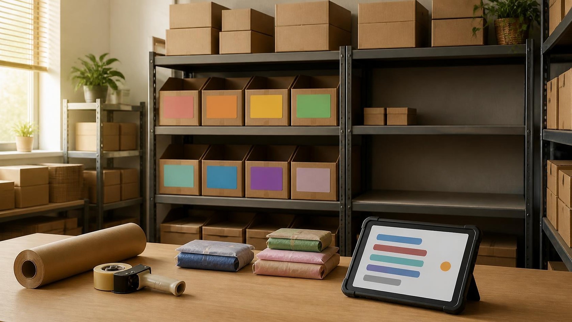 Sunlit small ecommerce stockroom: metal shelving with kraft cardboard bins marked only by blank colored label panels, one shelf section nearly empty with just two small boxes left, a wooden packing table in front with a roll of brown kraft paper, a tape dispenser, and stacks of tissue-wrapped products, and a rugged tablet on a stand showing only abstract colored bars and a single amber dot; no people, no logos, no readable text