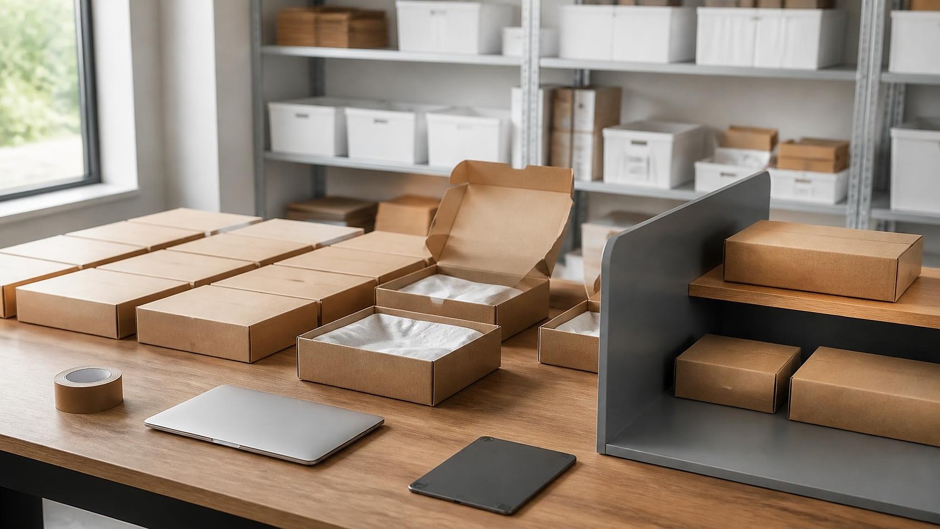 Área de empaque luminosa de una tienda en línea con luz de ventana: filas de cajas de envío de cartón kraft lisas sobre una mesa larga de madera, dos cajas abiertas con papel de seda blanco, un rollo de cinta de papel café, una laptop plateada cerrada y una tableta oscura boca abajo; a la derecha, un divisor gris separa unas cuantas cajas apartadas en un anaquel, con estantería metálica y contenedores blancos sin etiquetas al fondo; sin personas, sin logos, sin texto legible