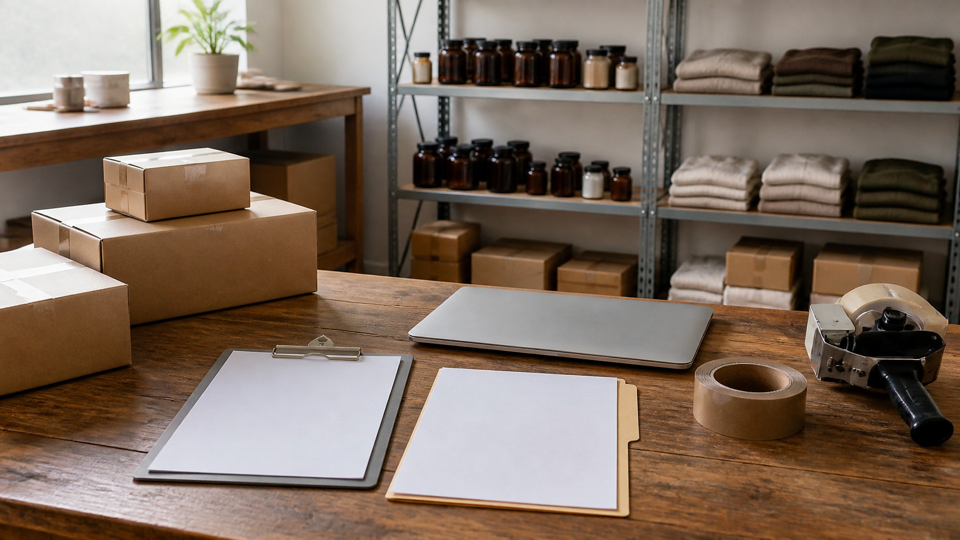Trastienda de una pequeña tienda en línea con luz natural suave: un banco de trabajo de madera gastada con una hoja en blanco en una tabla sujetapapeles gris junto a otra hoja en blanco sobre una carpeta manila, una laptop plateada cerrada sin logo, un rollo de cinta kraft café y un despachador de cinta; cajas de envío kraft lisas y selladas apiladas a la izquierda; al fondo, estantes metálicos grises con frascos ámbar y blancos sin etiquetas, textiles doblados en tonos neutros y oliva, y más cajas lisas; una ventana con una planta en maceta arriba a la izquierda; sin personas, sin logos, sin etiquetas, sin texto legible