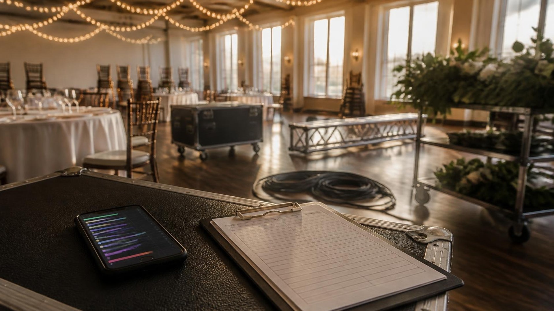 Empty hotel ballroom during afternoon event setup in warm golden light, with partly set round tables in white linens, stacked chiavari chairs, a rolling road case, coiled cables, a lighting truss on the floor, and a florist's cart of greenery under string lights; in the foreground a smartphone showing an abstract colored timeline and a blank ruled clipboard rest on a road case; no people, no readable text