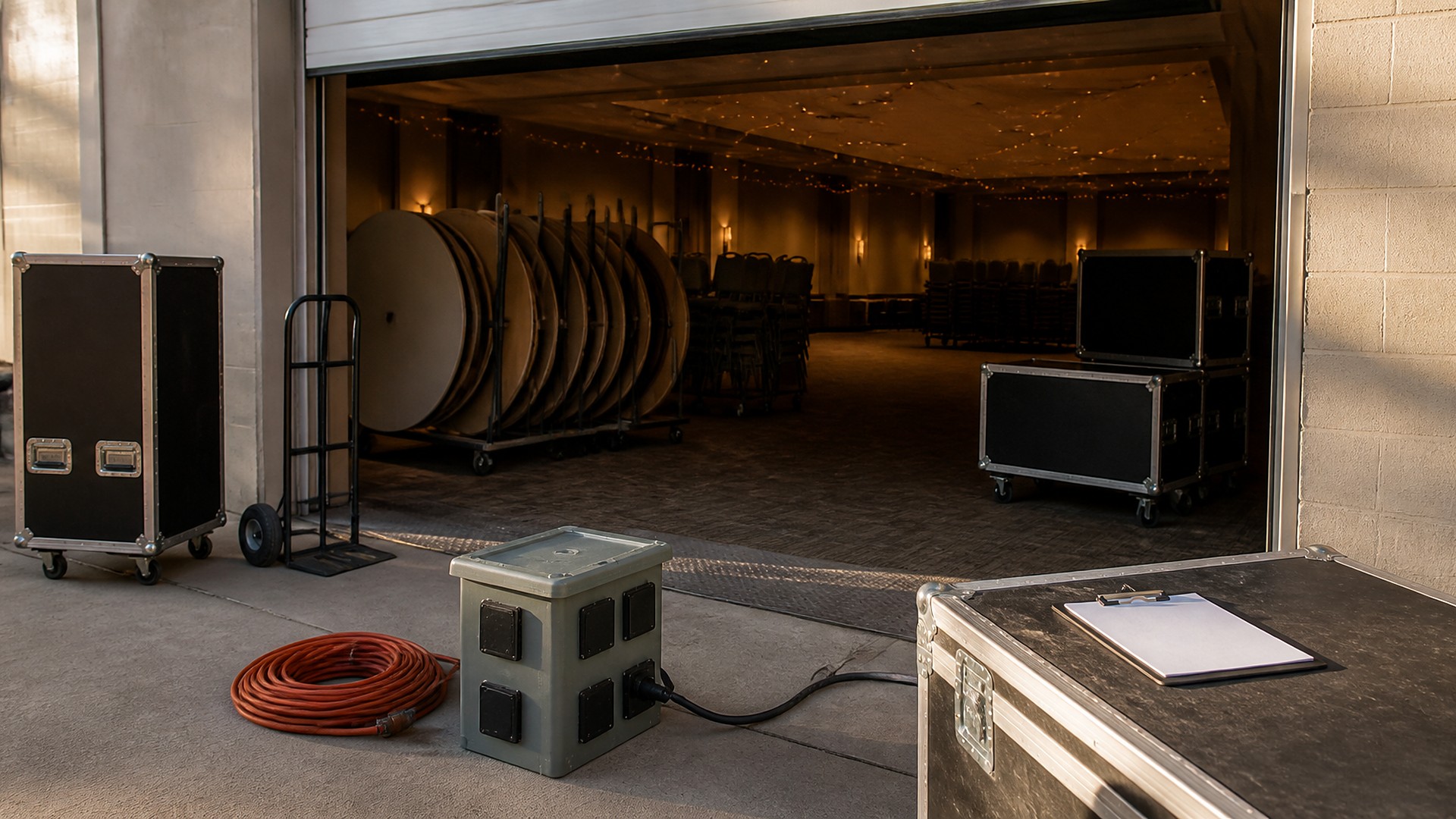 Empty event venue loading area in warm late-afternoon light before setup: a wide open roll-up door looking into a ballroom with string lights, racks of round tabletops, and stacked banquet chairs; black rolling road cases with metal corners, a hand truck, a coiled orange extension cord, and a gray portable power distribution box with covered outlets and one plugged-in black cable on the concrete; a blank clipboard rests on a road case in the foreground; no people, no logos, no signage, no readable text