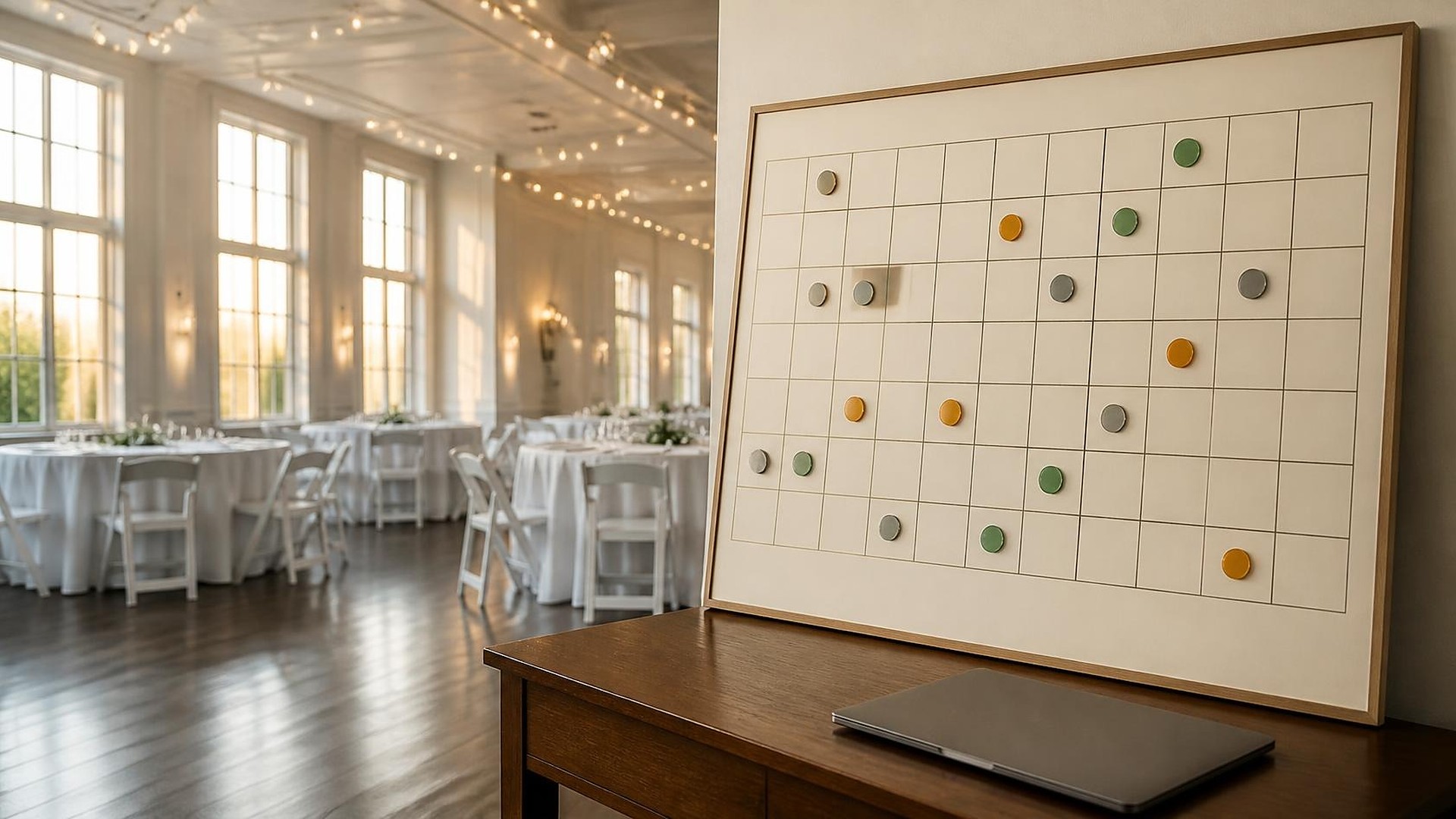 Salón de eventos vacío con luz cálida de media tarde, ventanales altos, series de luces y mesas redondas con manteles blancos y sillas plegables blancas; en primer plano, un tablero de planeación enmarcado con una cuadrícula vacía salpicada de imanes redondos lisos grises, ámbar y verdes, y una laptop plateada cerrada sobre una mesa auxiliar de madera; sin personas, sin logos, sin texto legible
