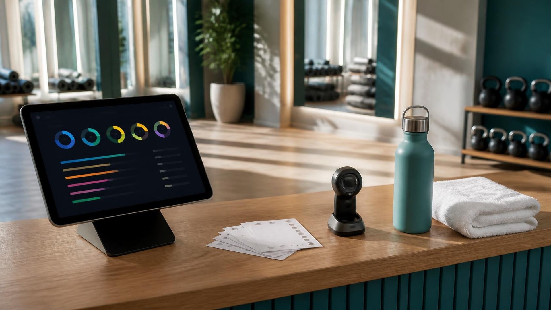 Recepción de un estudio boutique de fitness con luz brillante de mañana, tableta en soporte con un tablero abstracto de anillos y barras de colores, tarjetas perforadas en blanco, escáner de registro, botella de agua turquesa y toalla blanca doblada; tapetes enrollados, espejos y pesas rusas borrosos al fondo; sin personas, sin logos, sin texto legible
