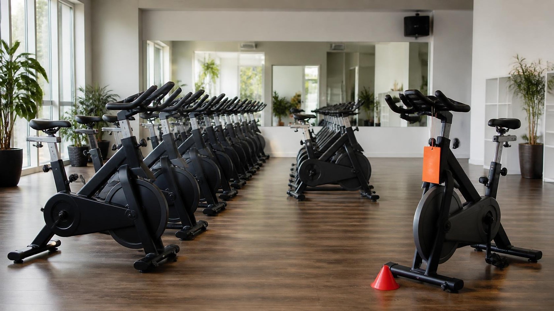 Bright, empty indoor cycling studio with dark wood floors and tall windows: two long rows of matte black stationary bikes, potted plants along the windows, a wall mirror reflecting the room, and white shelving; in the foreground one bike stands apart with a blank orange hang tag looped over its handlebar and a small red cone beside its base; no people, no logos, no readable text
