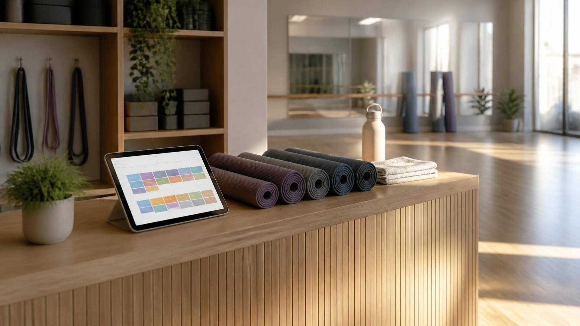 Boutique fitness studio front desk in warm late-afternoon light with a tablet showing a color-blocked class schedule grid, a row of rolled yoga mats, a folded towel, a water bottle, and a small potted plant; resistance bands and storage cubes on wooden shelves at left, an empty mirrored studio with a ballet barre and standing mats behind; no people, no readable text