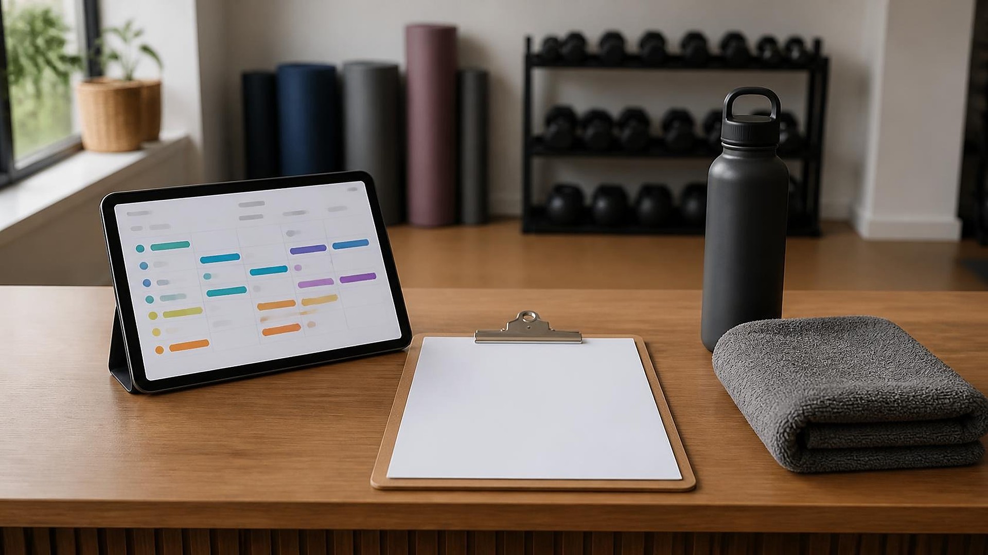 Escritorio tranquilo de un estudio de fitness con luz suave de ventana: una tableta con barras abstractas de horario y puntos de color sin texto legible, un portapapeles en blanco, una botella mate y una toalla gris doblada; al fondo, tapetes de yoga y un rack de pesas desenfocados; sin personas, sin logos, sin texto legible
