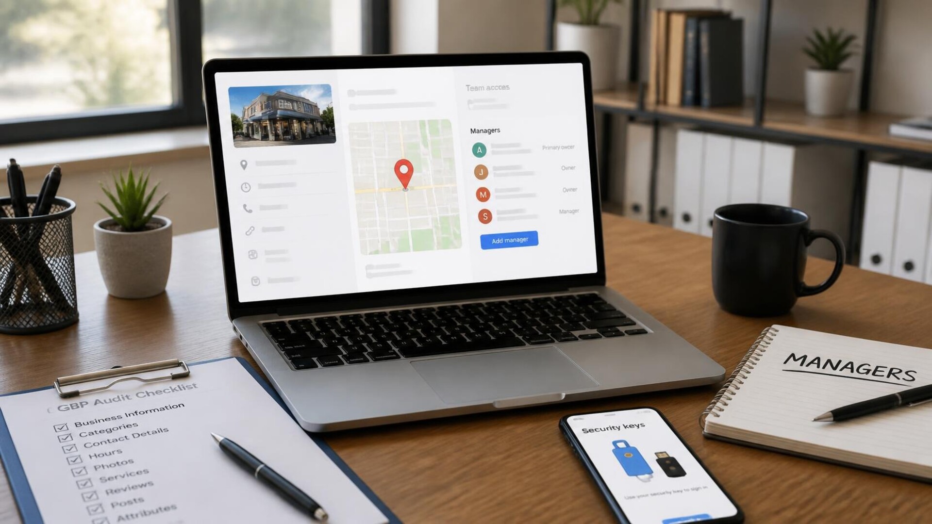 Escritorio de oficina moderno y limpio de un pequeño negocio, con laptop mostrando un pin de mapa de ubicación y una lista de acceso del equipo, portapapeles con lista de auditoría, teléfono, cuaderno y taza de café en luz suave de mañana