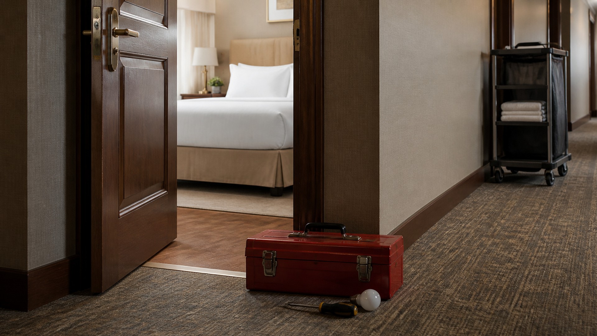 Boutique hotel hallway in soft light: a dark wooden guest room door stands open onto a neatly made bed with white linens and a bedside lamp; in the foreground on the patterned hallway carpet, a red metal toolbox with a screwdriver and a plain white light bulb beside it, and a housekeeping cart with folded white towels farther down the hall; no people, no logos, no room numbers, no readable text