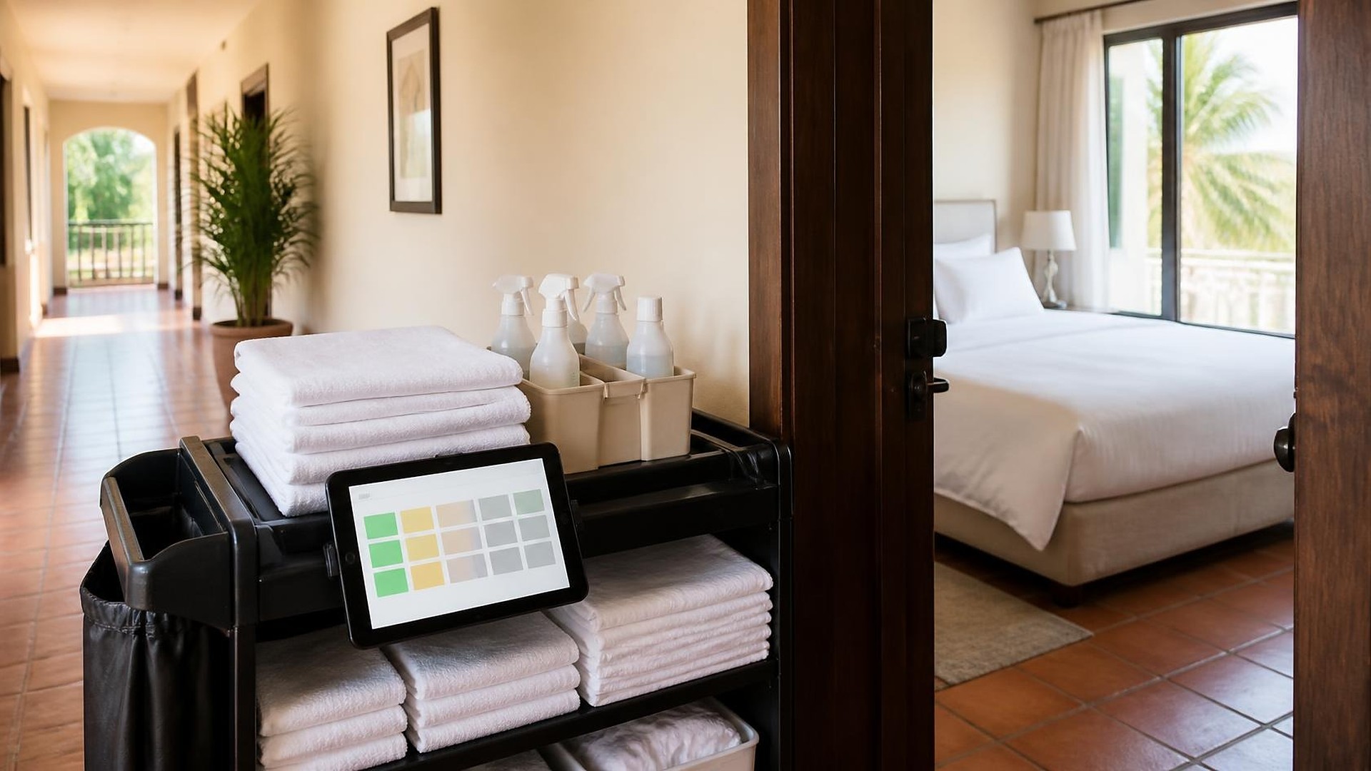 Sunlit hallway of a small boutique inn with terracotta tile floors and cream walls: a housekeeping cart in the foreground stacked with folded white towels, a caddy of unlabeled spray bottles, and a tablet showing an abstract grid of green, yellow, and gray squares; through an open door, a freshly made bed with white linens and a window with palm trees; no people, no logos, no room numbers, no readable text