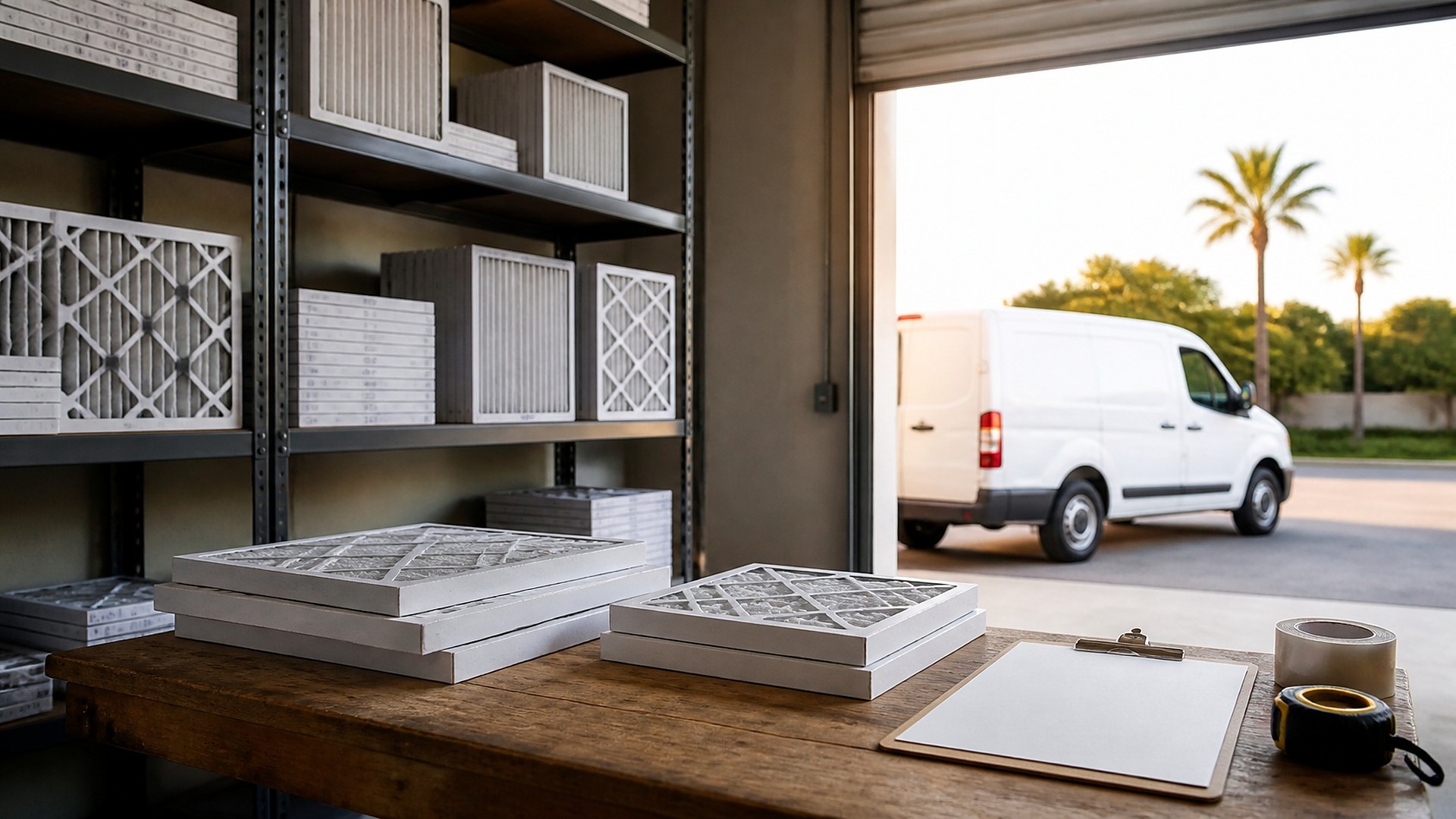 HVAC stockroom in daylight: metal shelving stacked with plain pleated air filters in white frames, more filters on a wooden workbench beside a clipboard with a blank sheet, a roll of tape, and a black and yellow tape measure; through an open roll-up door, an unmarked white service van and palm trees; no people, no logos, no readable text