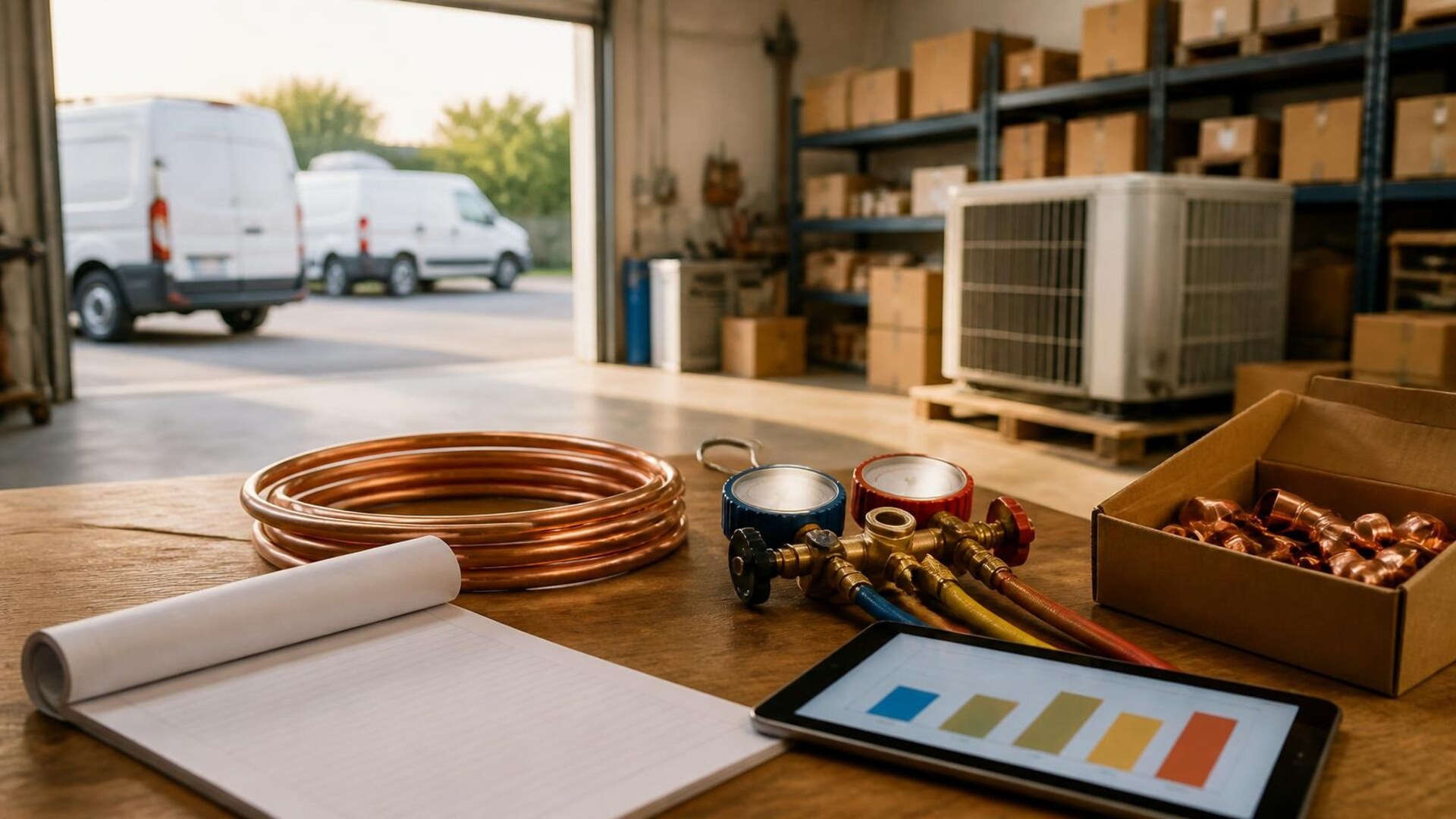 Banco de trabajo de un pequeño taller de contratista de HVAC con luz cálida de la mañana, con un rollo de línea de cobre, un juego de manómetros de refrigerante con carátulas en blanco, una caja de conexiones de cobre, una libreta en blanco y una tableta que muestra una gráfica de barras por bloques de color; una unidad condensadora exterior sobre una tarima, estantes surtidos y dos camionetas de servicio blancas sin rótulos a través de una puerta enrollable abierta; sin personas, sin texto legible