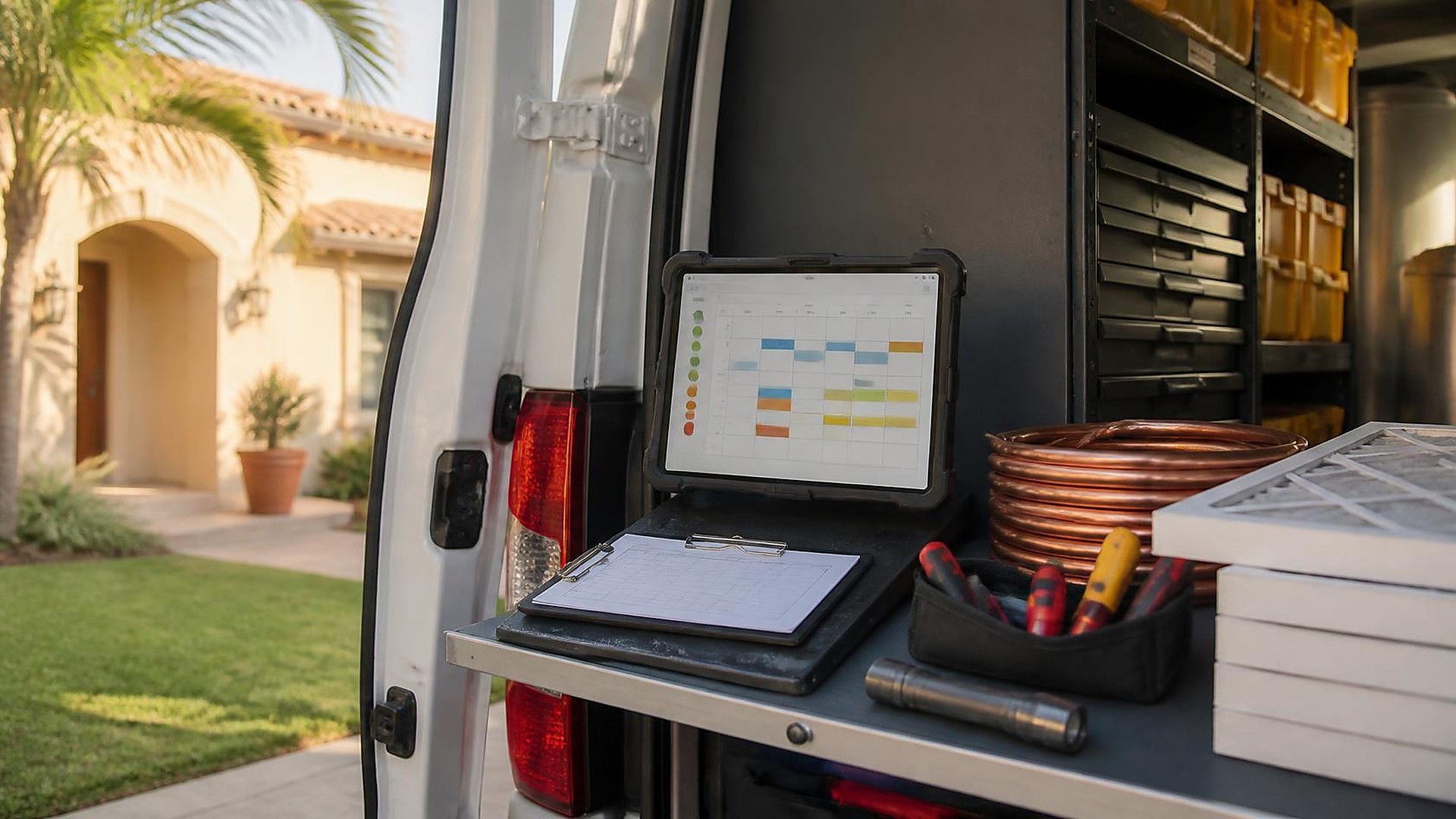 Parte trasera abierta de una camioneta blanca de servicio HVAC en una entrada soleada del sur de Texas: una bandeja extraíble sostiene una tableta resistente que muestra solo bloques de calendario de colores abstractos sin texto legible, una tabla con sujetapapeles y papel en blanco, una pequeña bolsa de herramientas, una linterna, tubería de cobre enrollada y una pila de filtros de aire limpios; al fondo, una casa de estuco beige con techo de teja roja y palmeras desenfocadas; sin personas, sin logos, sin texto legible