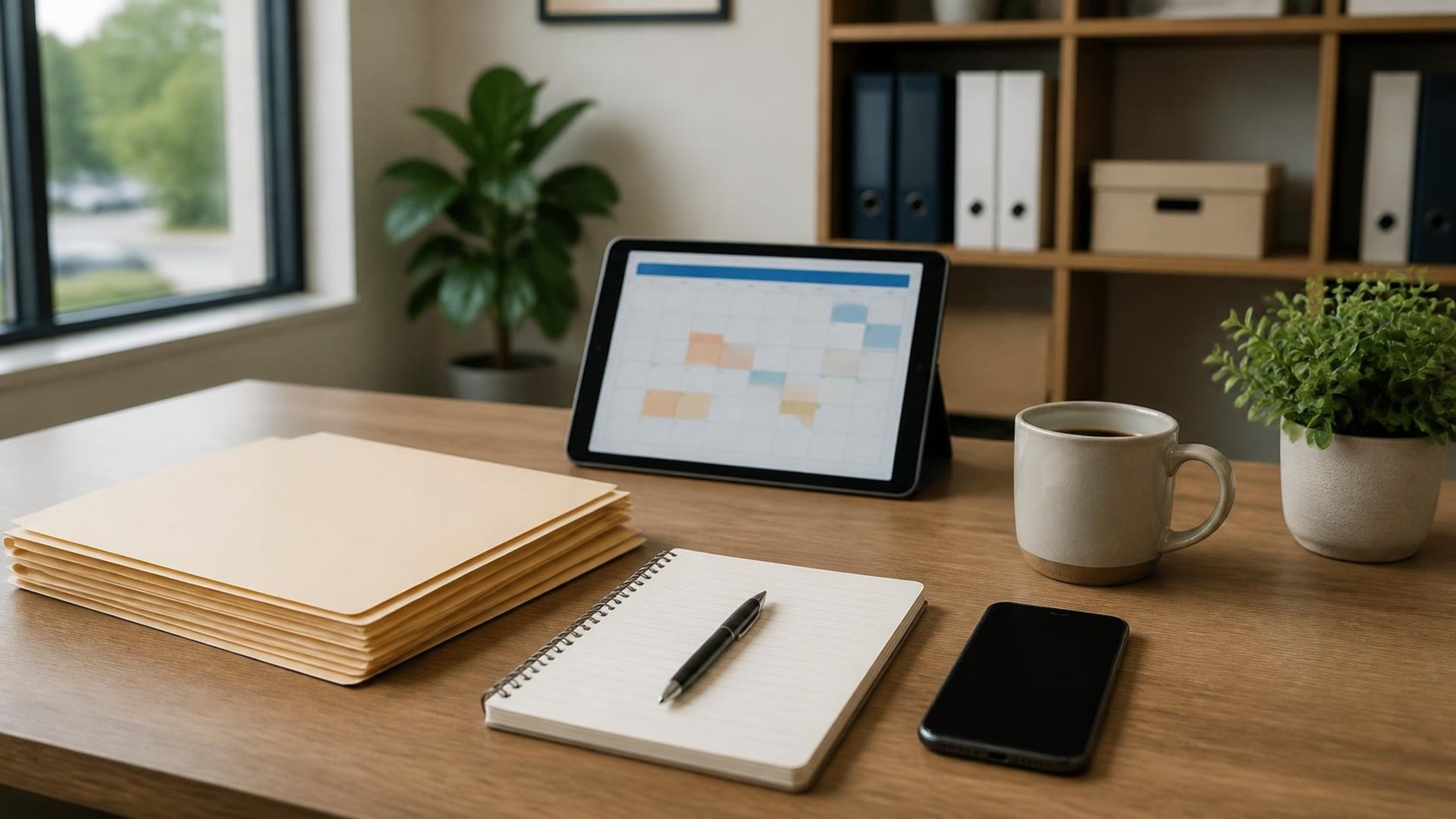 Empty insurance agency office desk in soft daylight with a stack of blank manila quote folders, a tablet showing a color-blocked calendar grid, spiral notebook, pen, face-up phone with blank screen, coffee mug, and small plant; shelving and window behind, no people