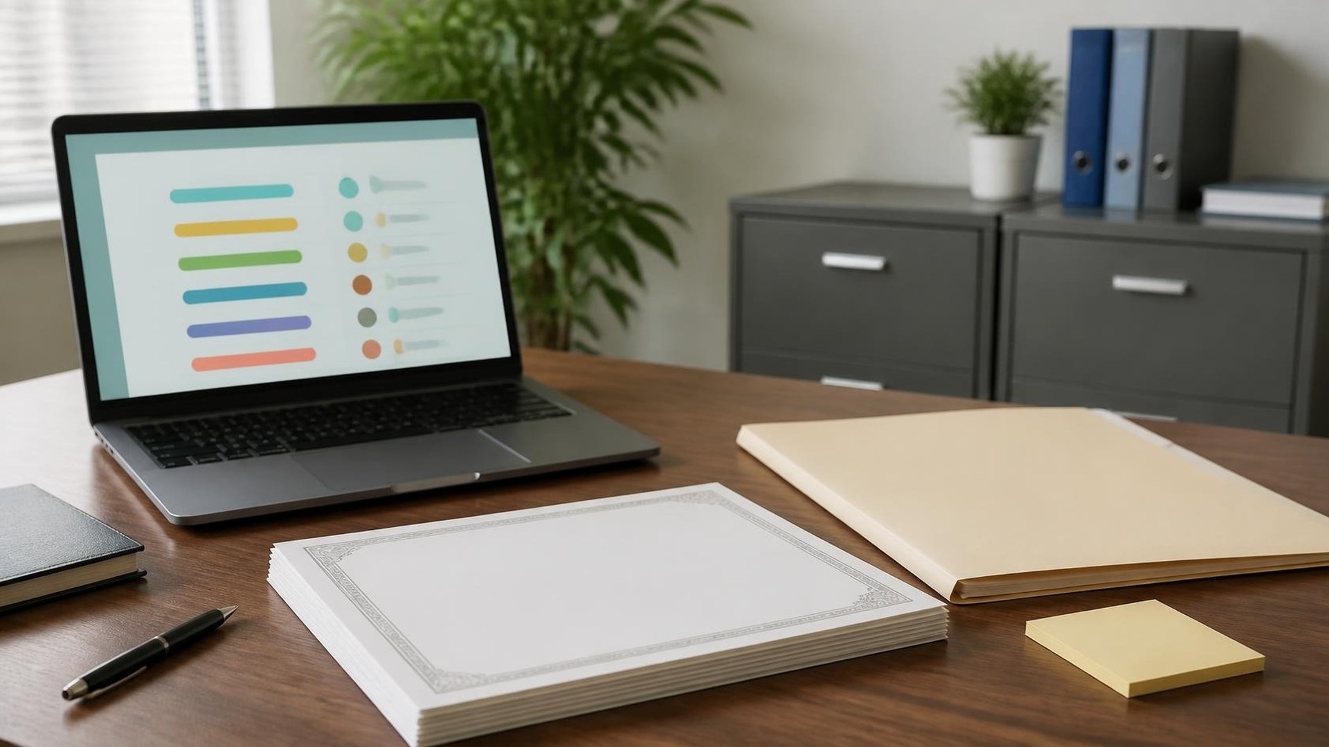 Insurance agency desk in soft window light with a laptop showing an abstract teal status board of colored bars, a blank certificate-style paper stack, a manila folder, and a blank yellow sticky note; filing cabinet and plant blurred behind; no people, no logos, no readable text