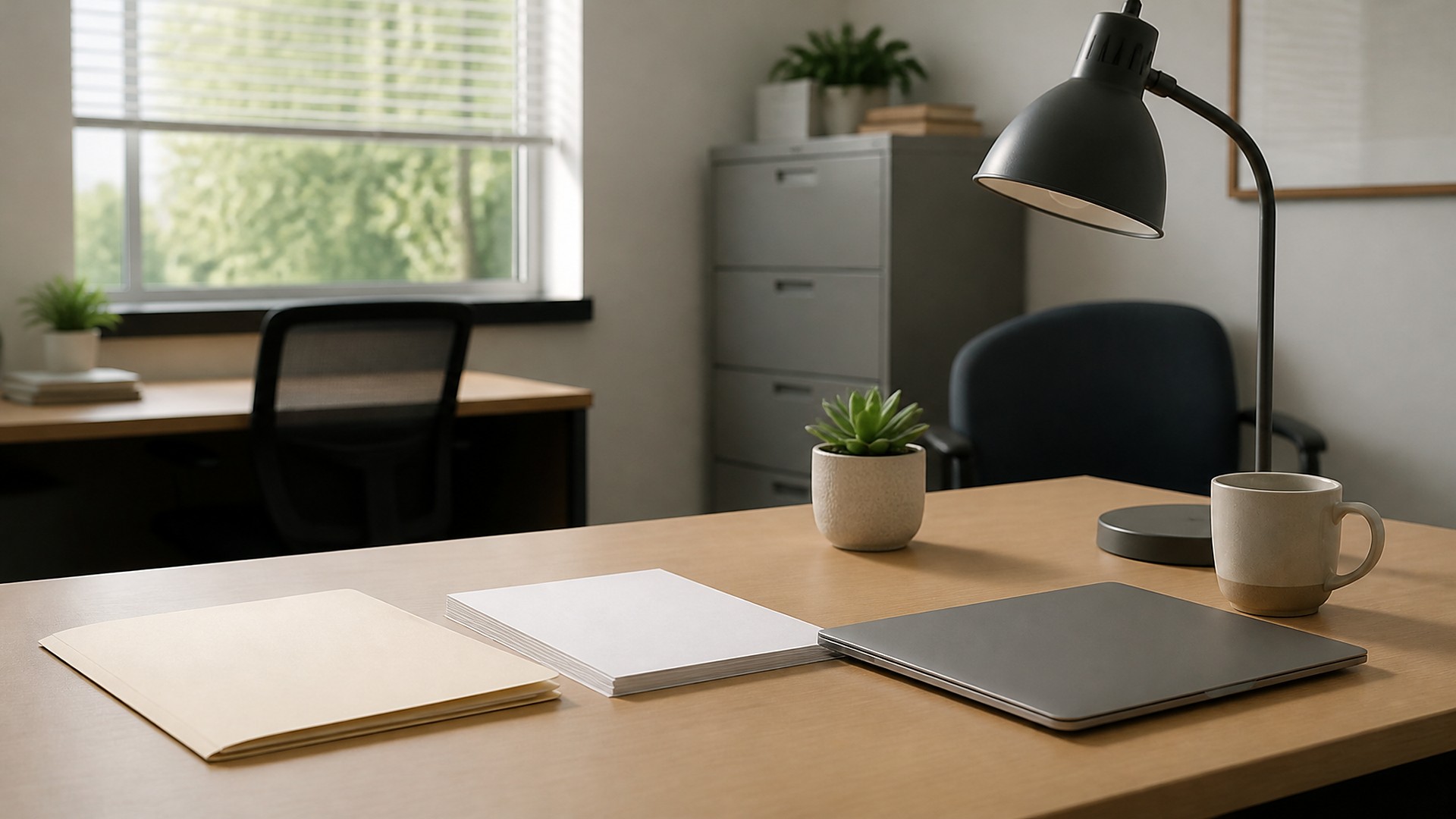 Oficina tranquila de una pequeña agencia de seguros con luz suave de la mañana: un escritorio de madera clara con una carpeta manila cerrada, una pila corta de hojas blancas en blanco, una laptop gris cerrada sin logo, una suculenta pequeña en una maceta moteada, una taza de cerámica y una lámpara de escritorio negra; al fondo, suavemente desenfocados, un segundo escritorio vacío con una silla de oficina negra, un archivero gris con plantas y libros lisos encima, una silla azul marino, un cuadro en blanco en la pared y una ventana con persianas y árboles verdes afuera; sin personas, sin logos, sin texto legible