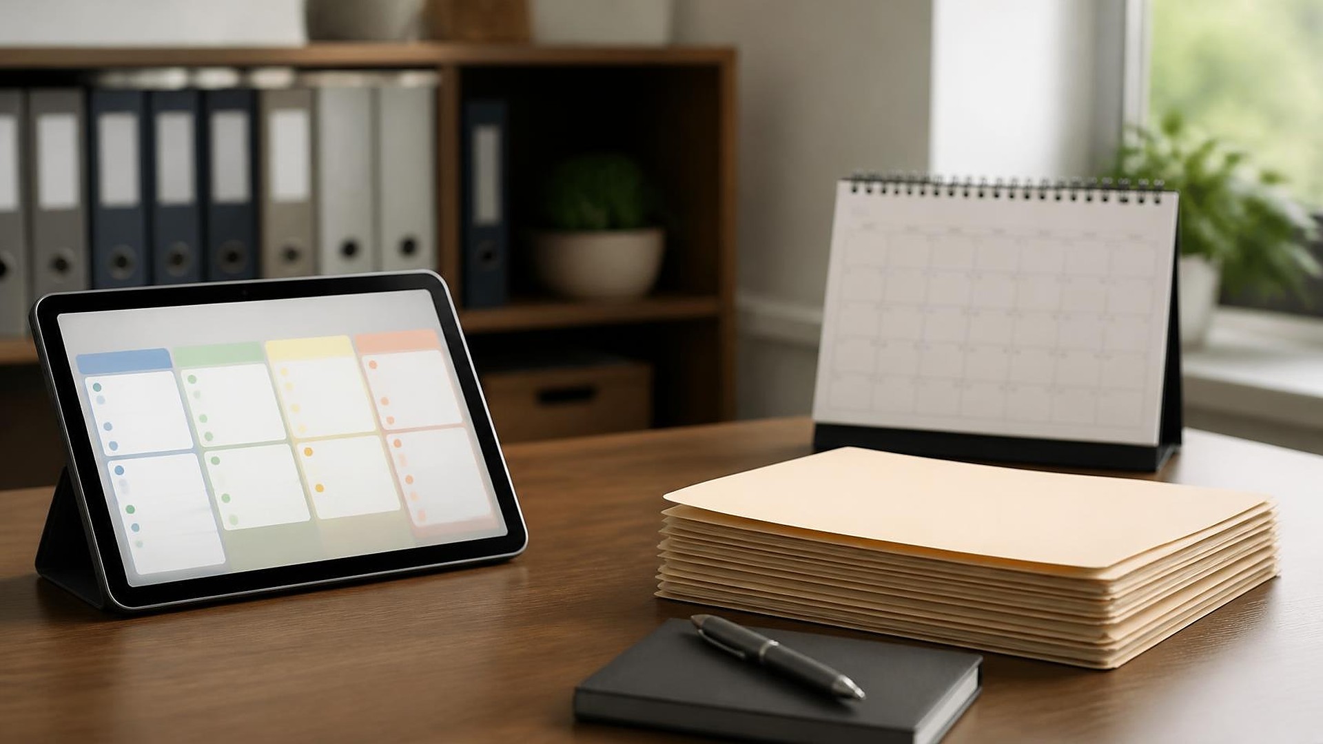 Tidy insurance agency desk in soft window light: a tablet showing abstract pipeline columns as colored cards and status dots with no readable text, a neat stack of blank manila folders, a closed notebook with pen, and a desk calendar with blank blocks; soft-focus unlabeled binders behind; no people, no logos, no readable text