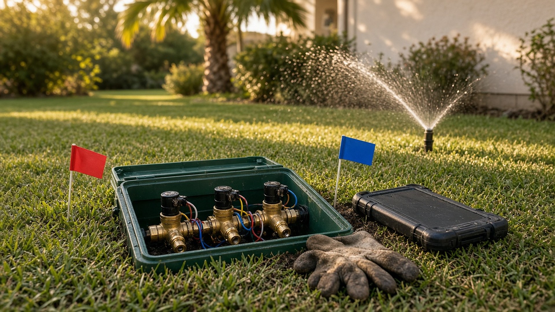 Front lawn of a stucco house in warm late-afternoon light: an open green irrigation valve box with three brass valves and colored wires, a red marking flag and a blue marking flag in the grass, a pair of worn work gloves and a closed rugged black tablet case beside the box; behind, a pop-up sprinkler spraying an arc of water, shrubs and a palm tree, softly blurred; no people, no logos, no readable text