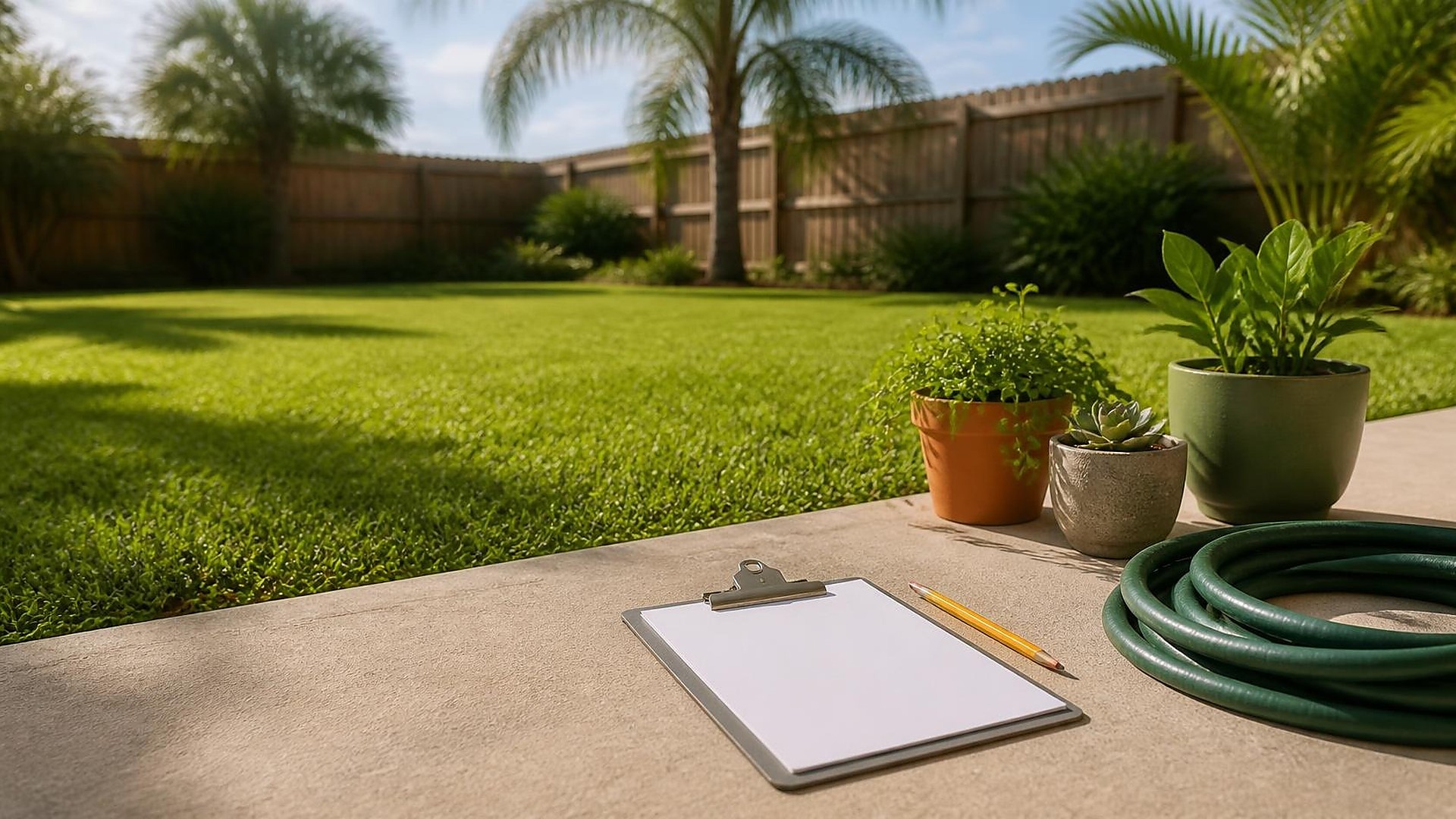 Patio residencial del sur de Texas con sol: borde de concreto liso en primer plano con un portapapeles metálico plateado y hojas blancas en blanco, un lápiz de madera afilado, tres plantas en maceta sin etiquetas y una manguera verde enrollada con cuidado; césped verde bien cortado hasta una cerca de privacidad de madera con palmeras y arbustos tropicales desenfocados; luz brillante de media mañana; sin personas, sin logos, sin texto legible