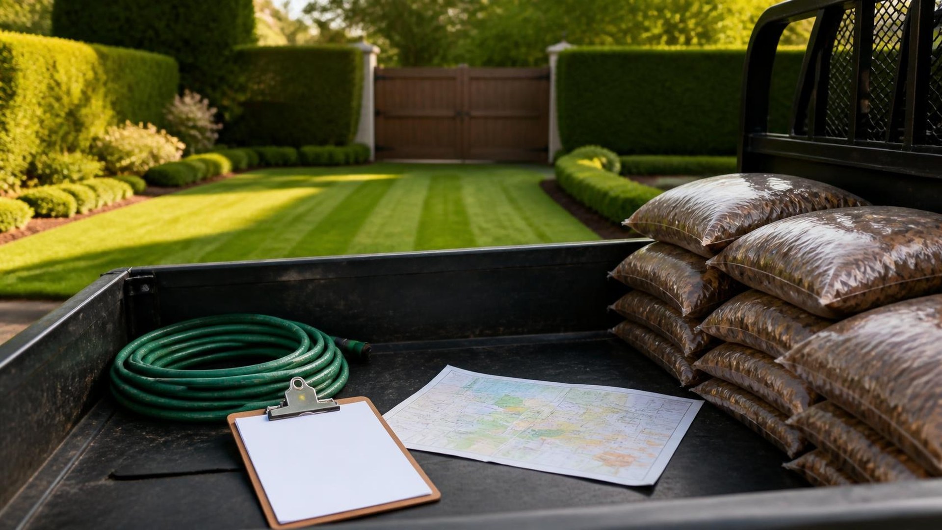 Landscaping work truck bed in late-afternoon light with a blank clipboard, abstract route map, coiled green hose, and stacked mulch bags; manicured lawn, trimmed hedges, and a closed wooden gate blurred beyond; no people, no logos, no readable text