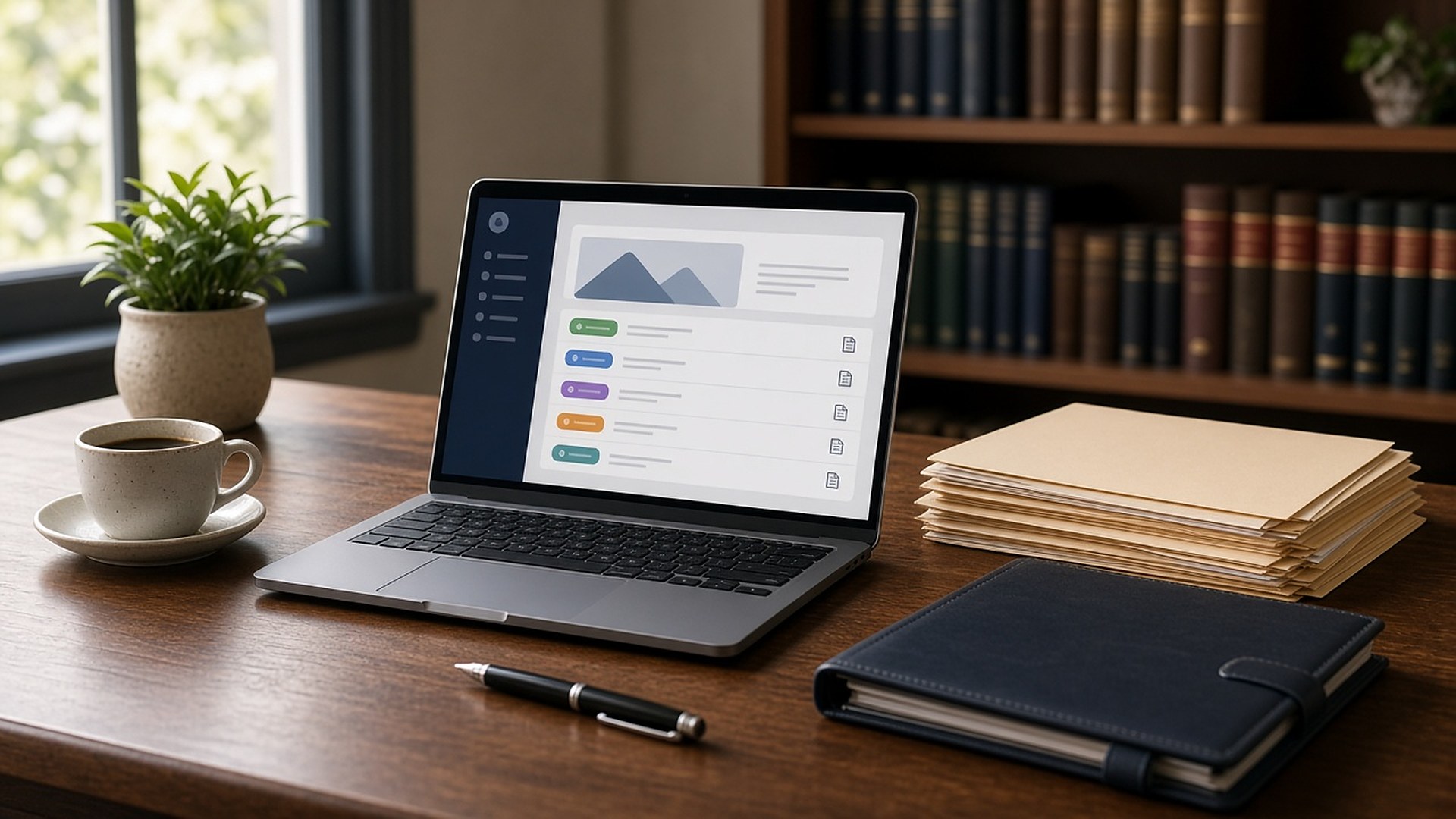 Small law office desk in soft window light with a laptop showing an abstract client portal checklist with colored status pills and document icons, a stack of manila folders, a fountain pen, a navy leather portfolio, a coffee cup, and a potted plant; shelves of law books blurred behind; no people, no readable text